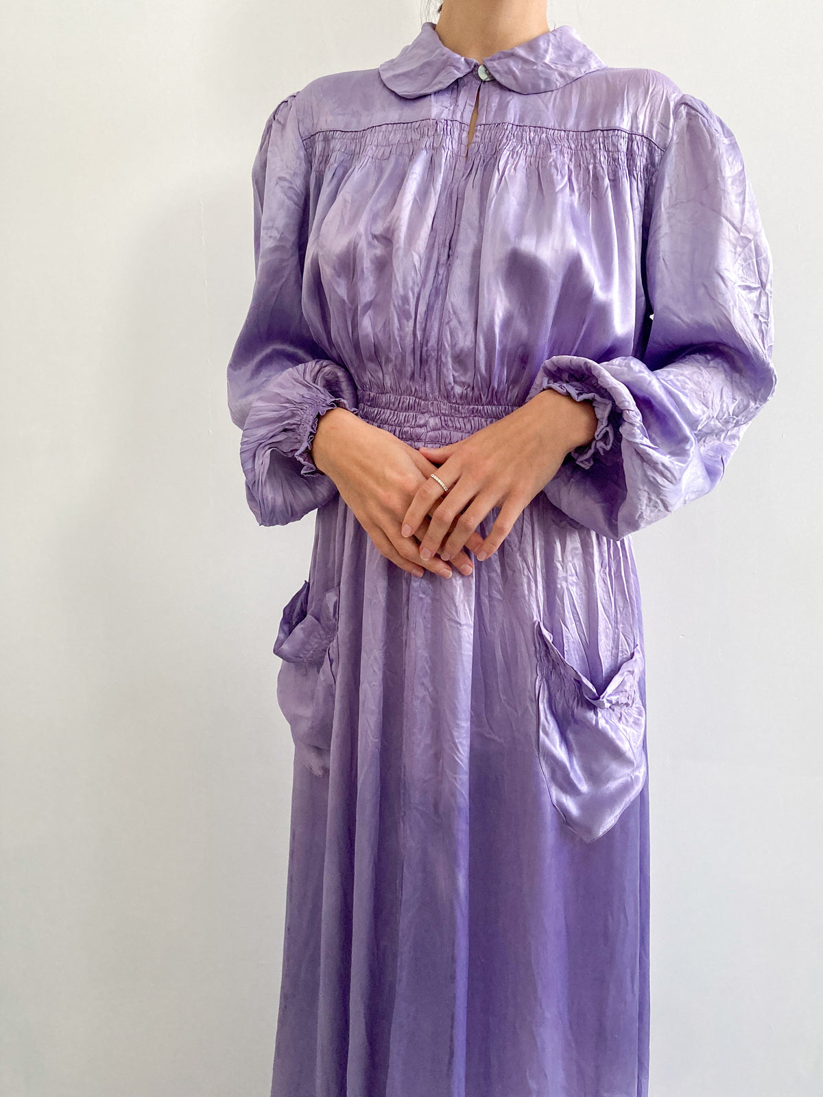 1930s Hand Dyed Satin Puff Sleeve Robe in Wisteria
