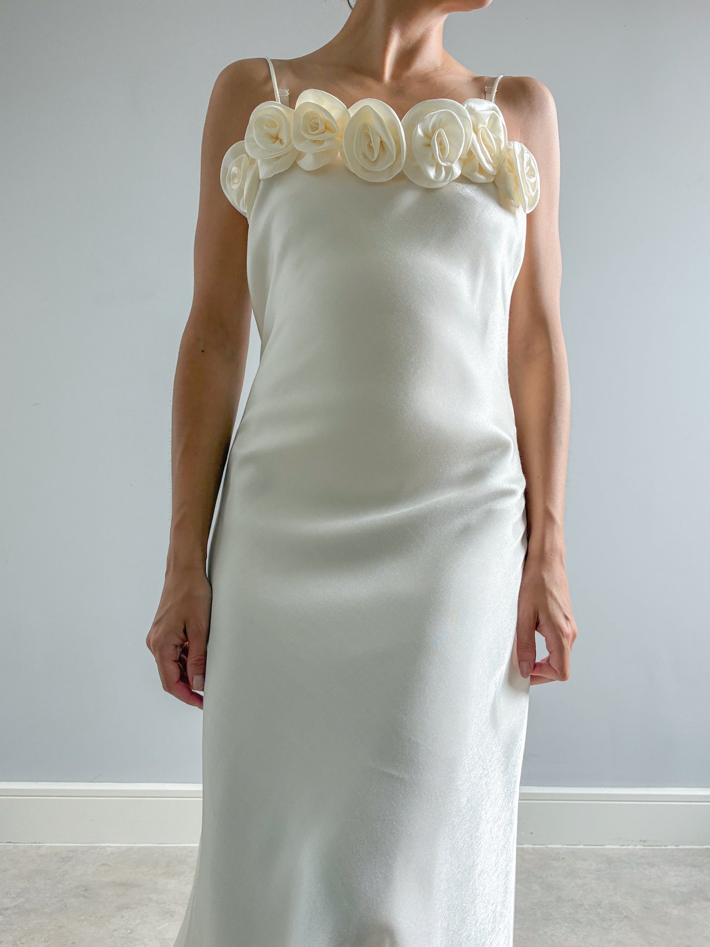 1990s Minimalist Satin Wedding Dress With Rose Detail