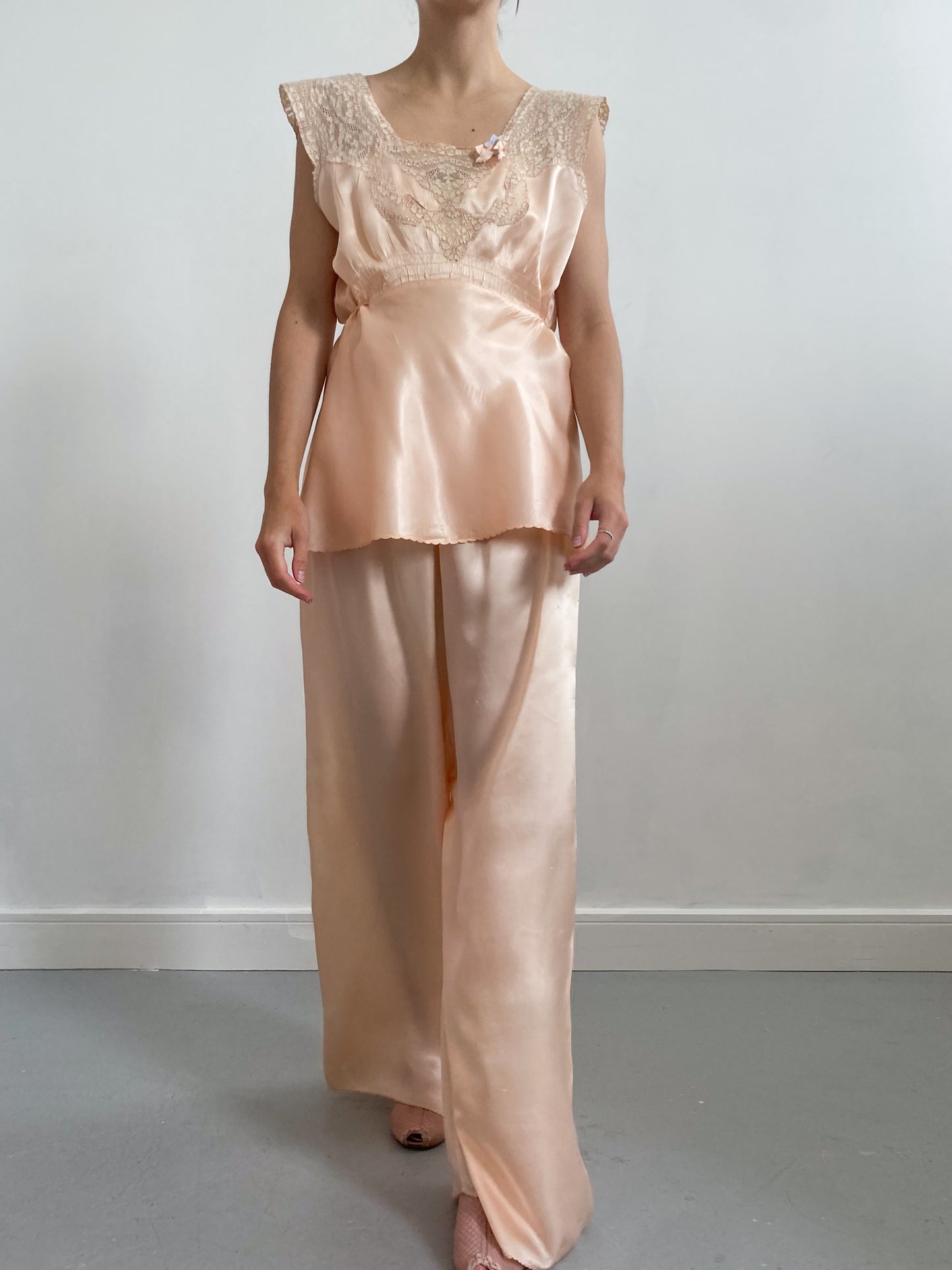 1930s Peach Satin Pyjama Set with Alencon Lace