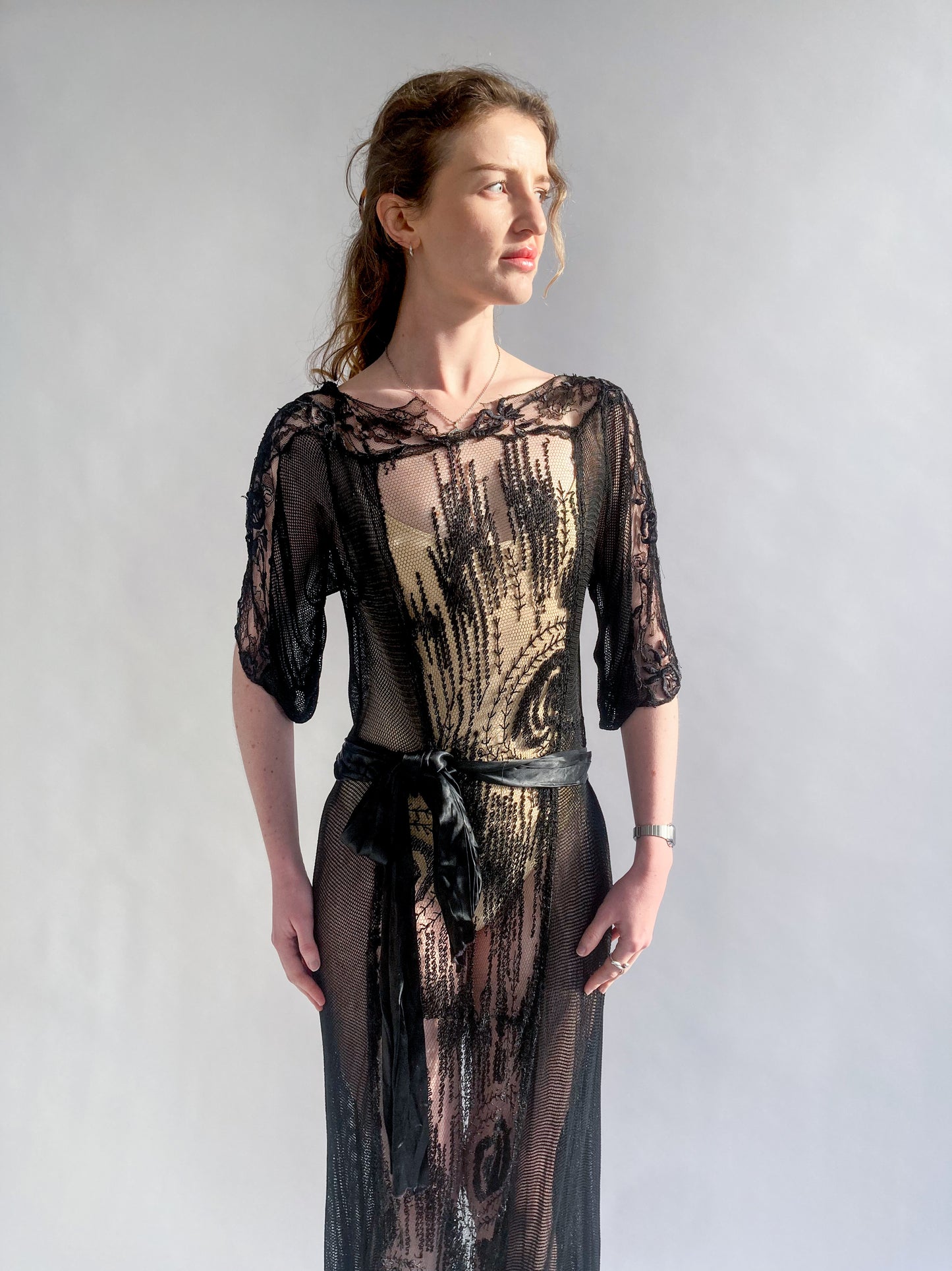 1920s Silk Cotton Black Crochet Dress