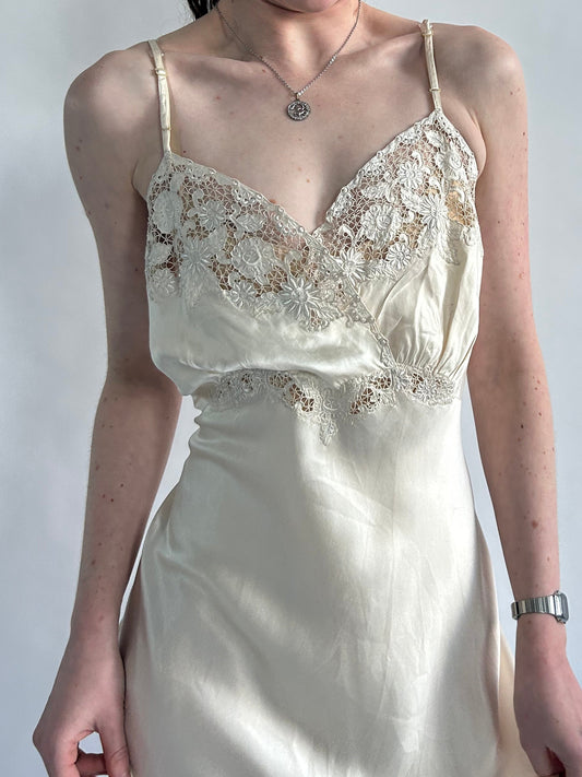 1930s Vanilla Silk Slip With Floral Embroidery