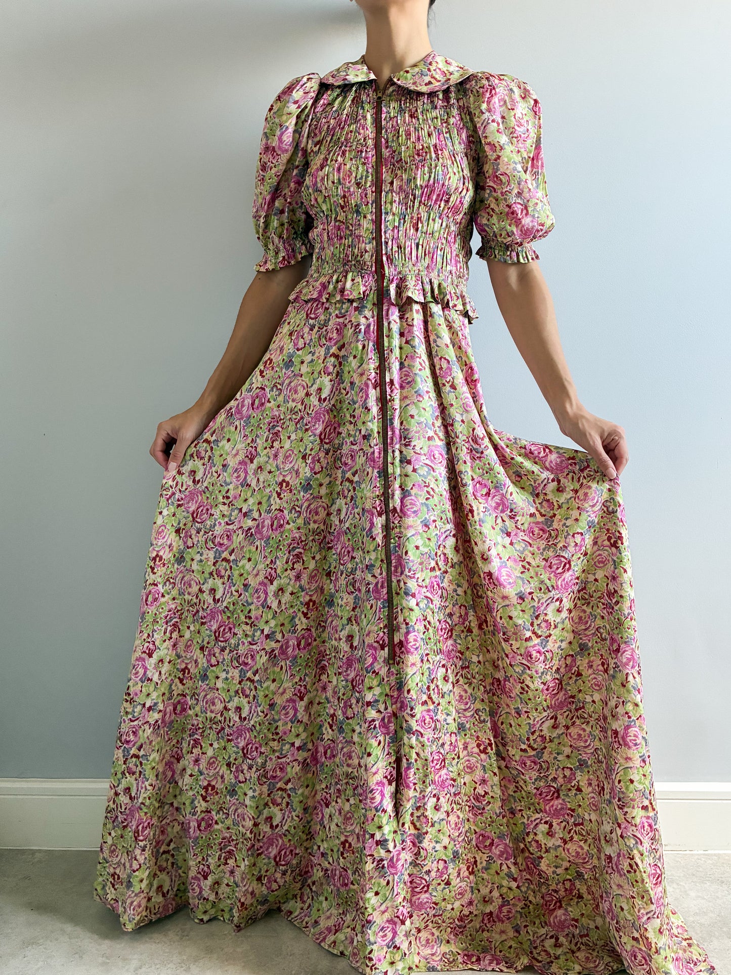 1930s Asymmetrical Floral Puff Sleeve Robe