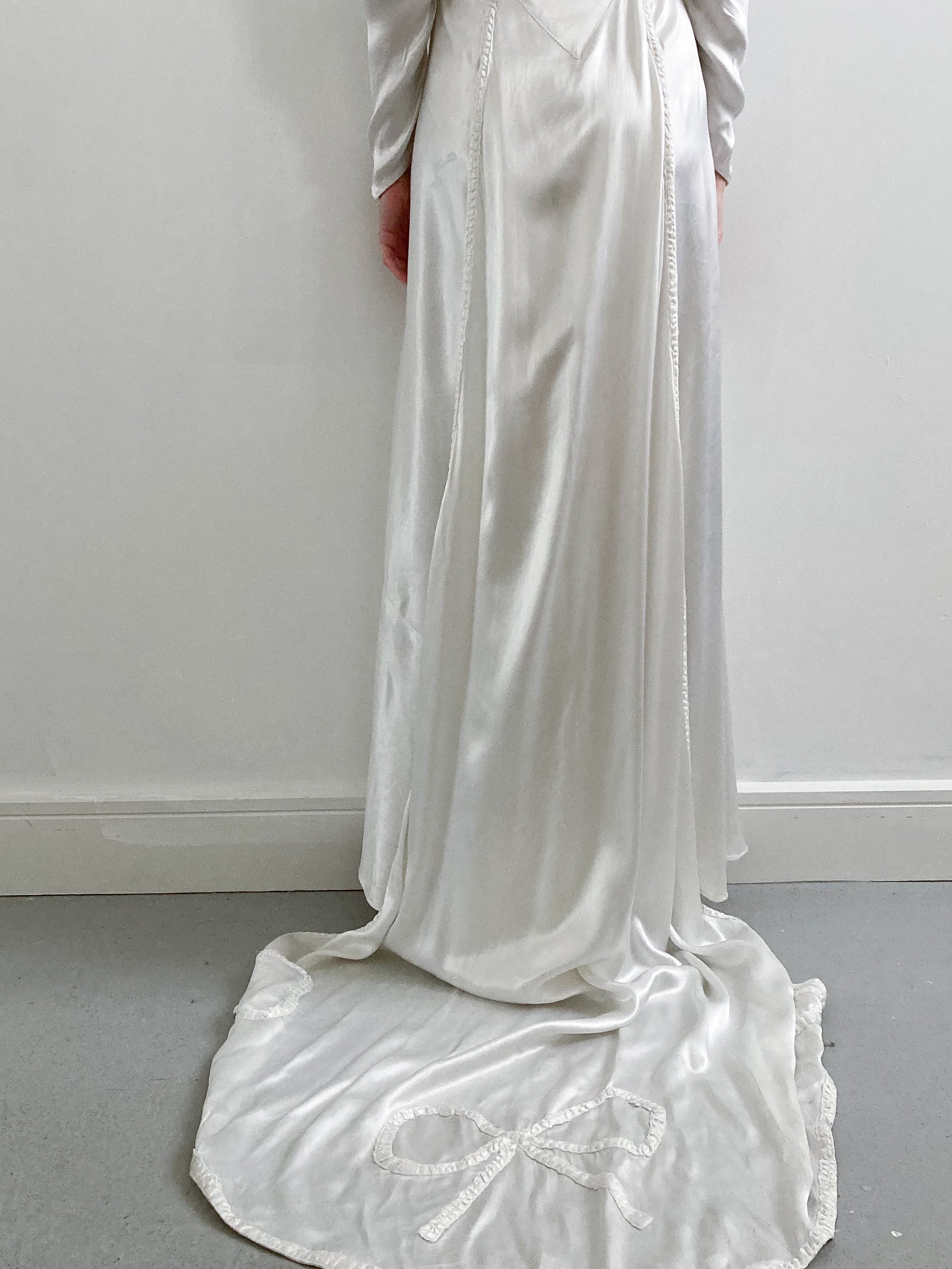 1940s Satin Charmeuse Wedding Dress with Pleated Detail and Train