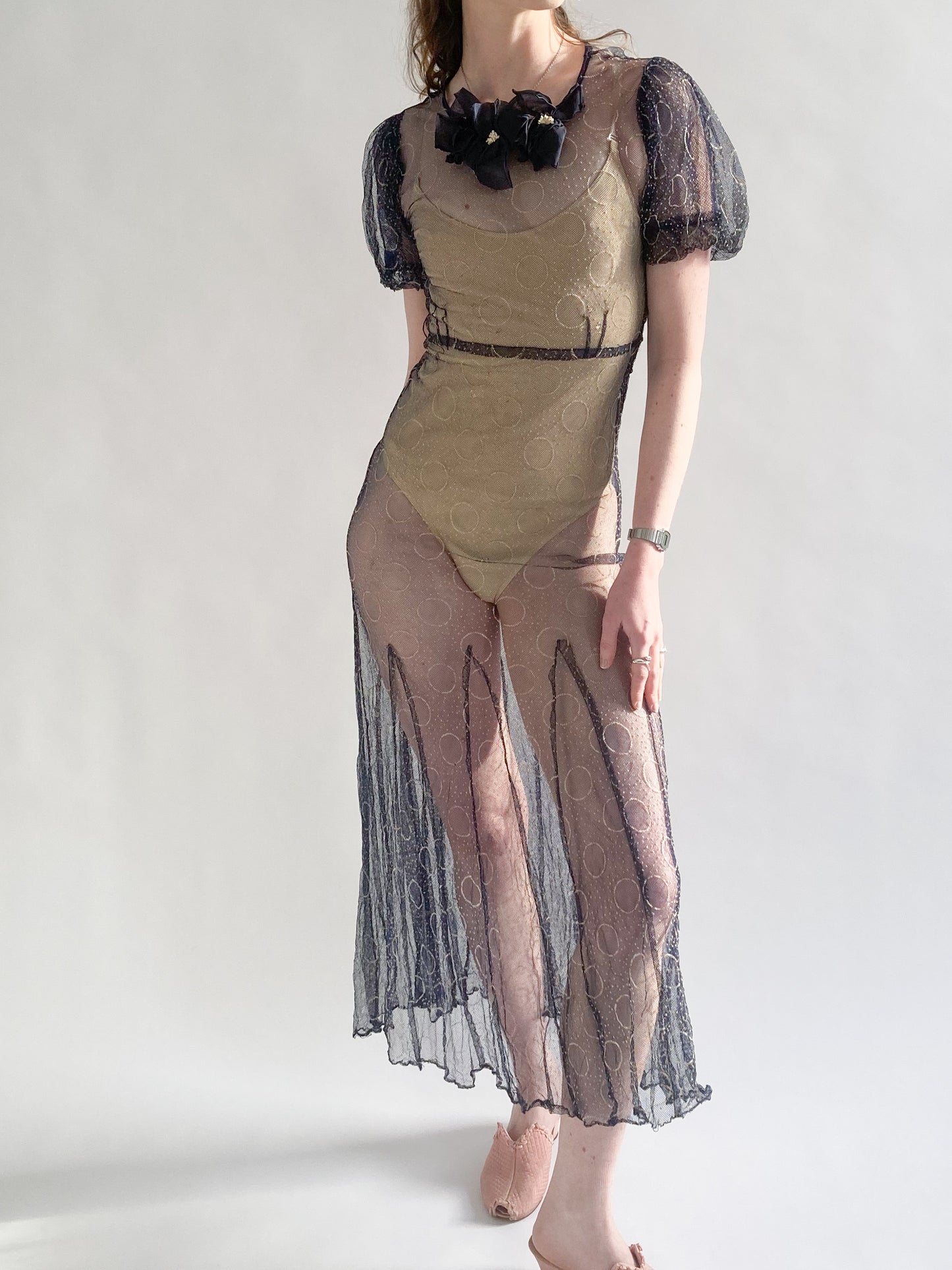 1930s Puff Sleeve Net Dress In Midnight Blue