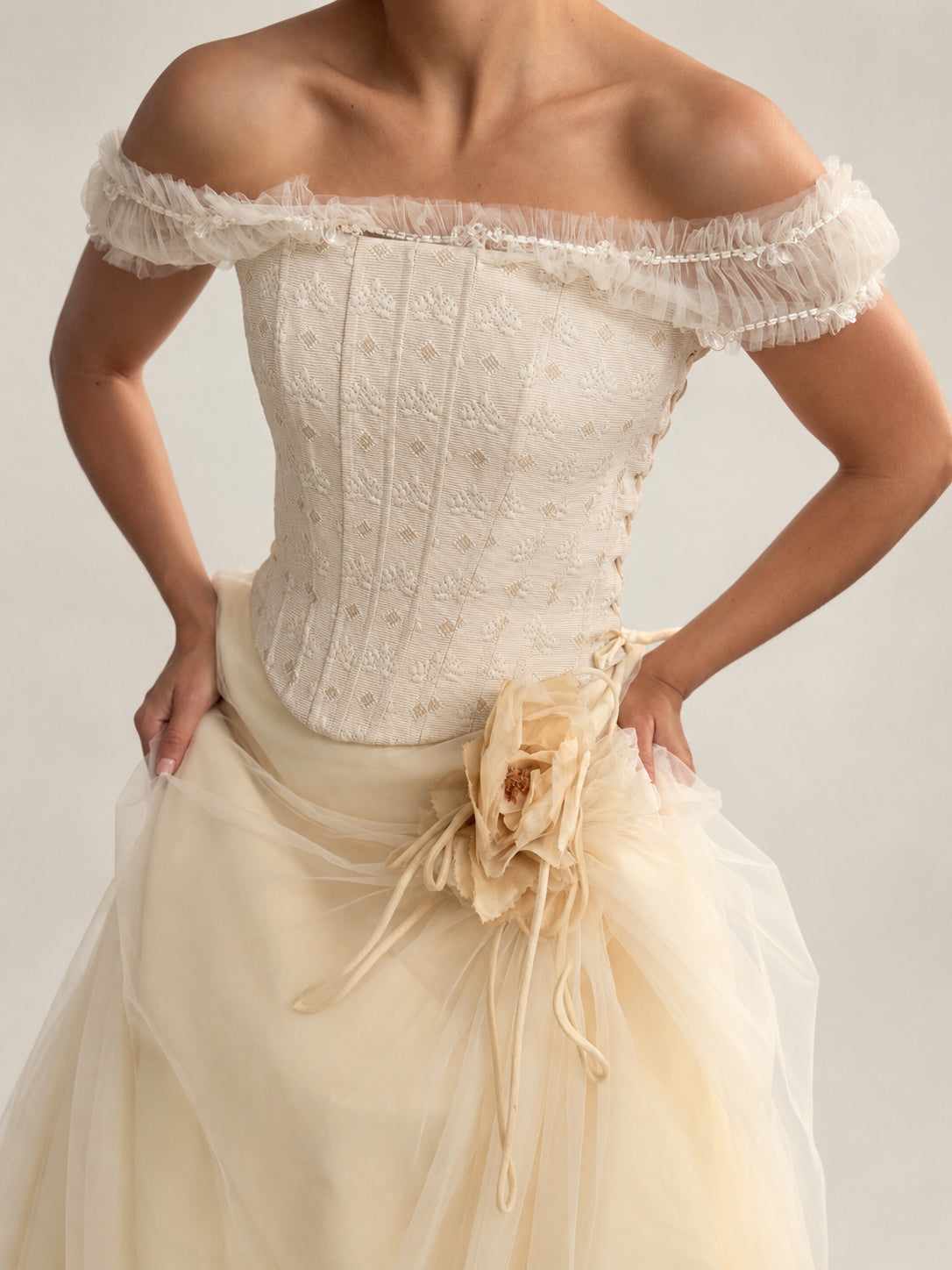 1990s Italian Bridal Two Piece With Embroidered Corset & Tulle Skirt XS S
