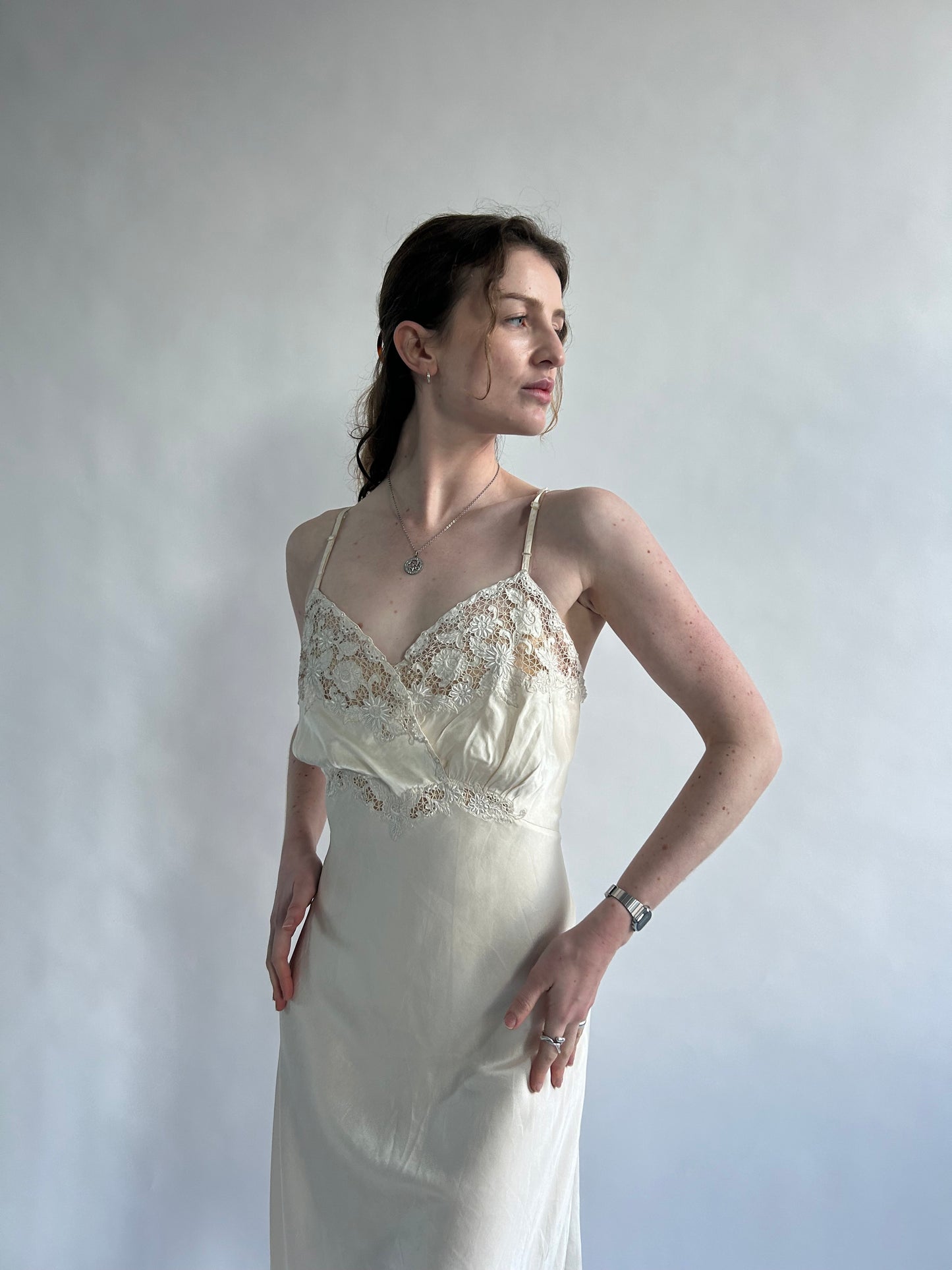 1930s Vanilla Silk Slip With Floral Embroidery