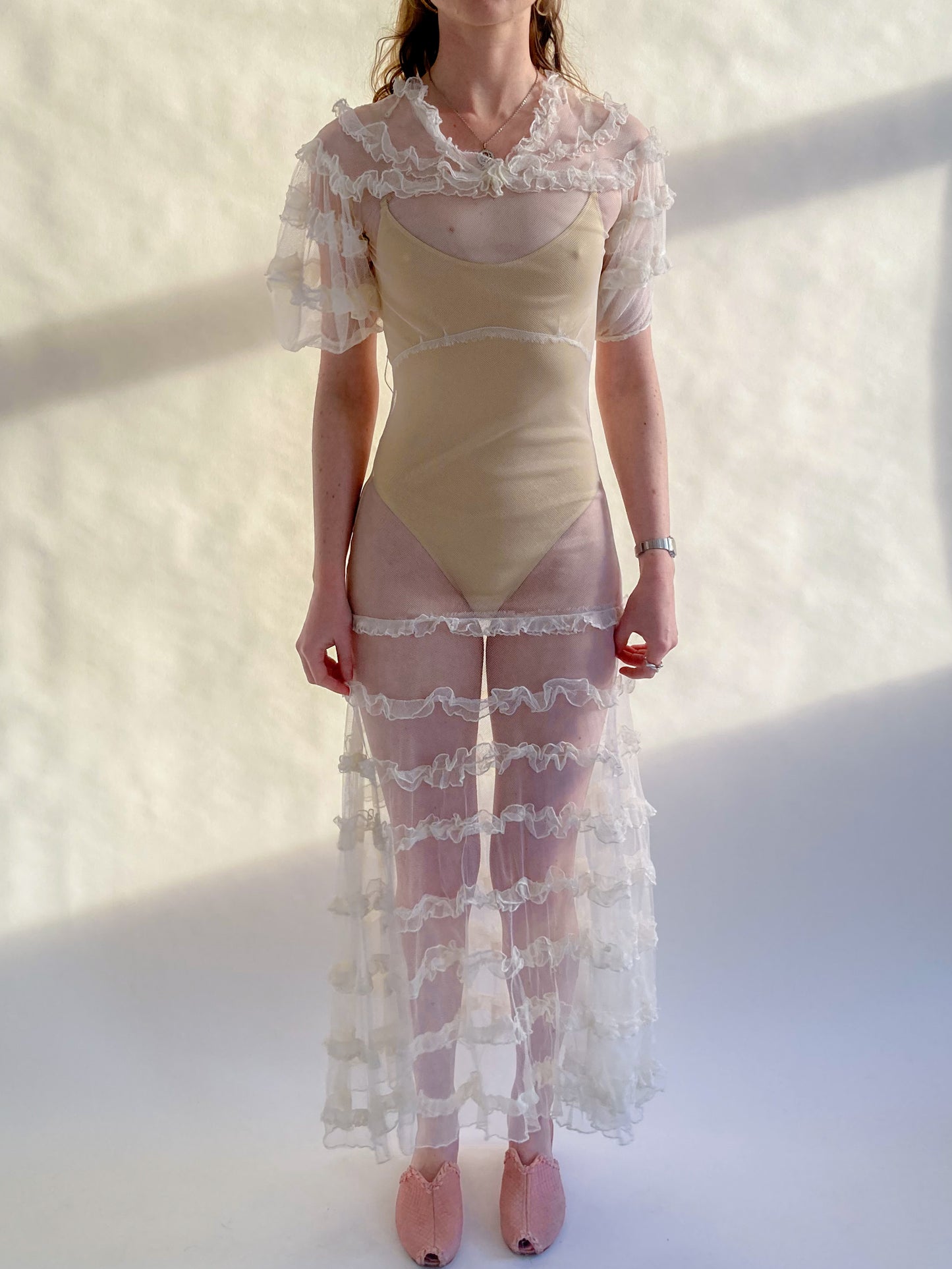 1930s Tiered Ruffle Net Dress With Puff Sleeves