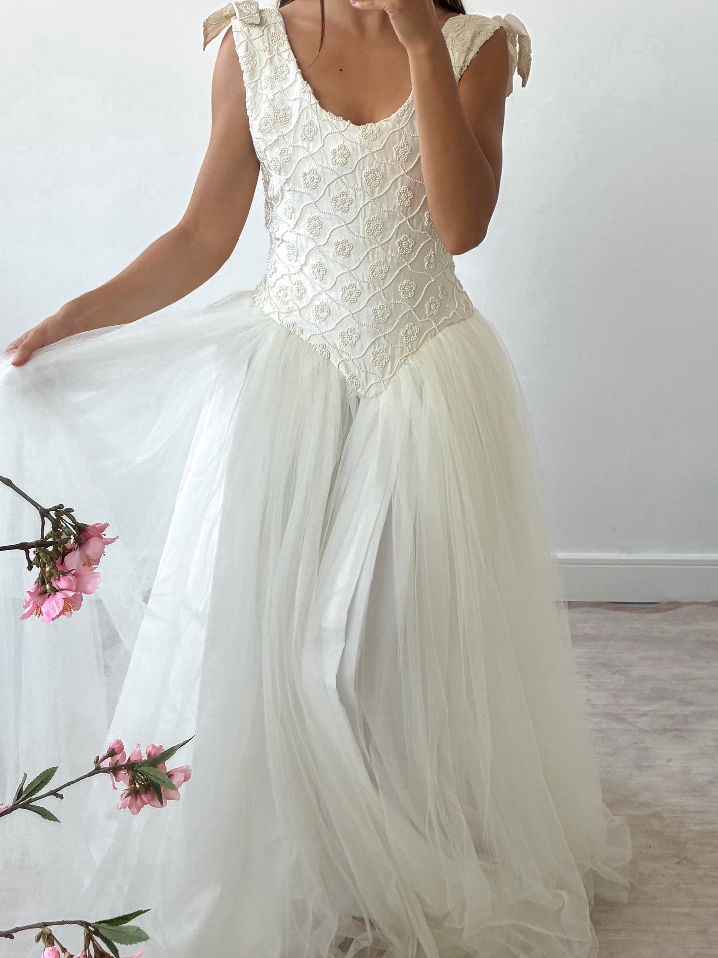 1990s Tulle Gown With Silk & Pearl Embroidered Corset And Bow Detail