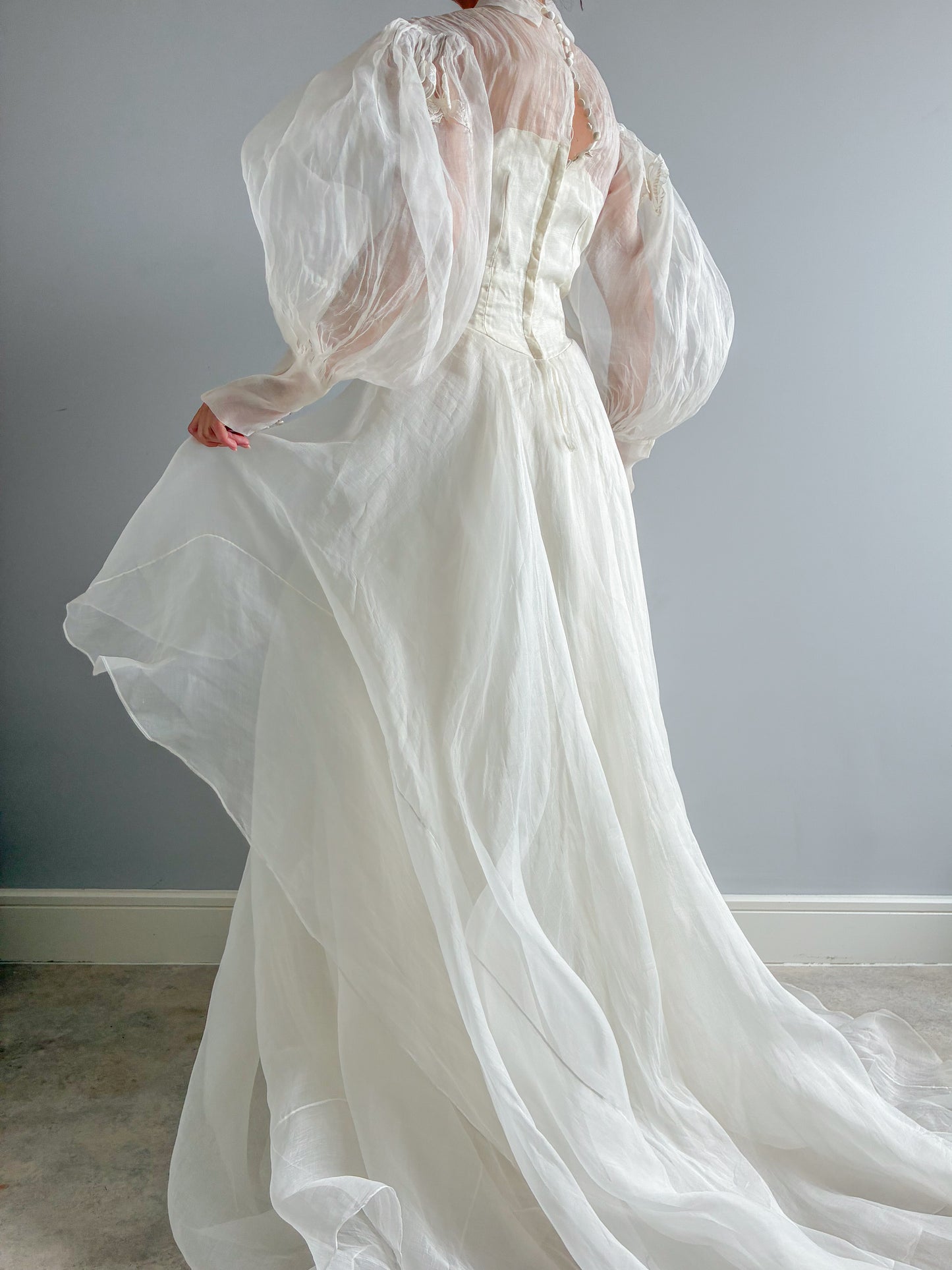 1940s Tiered Organza Wedding Gown With Puff Sleeves And Butterfly Detail