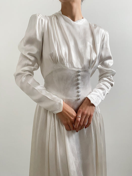 1940s Ivory Satin Wedding Dress with Buttons