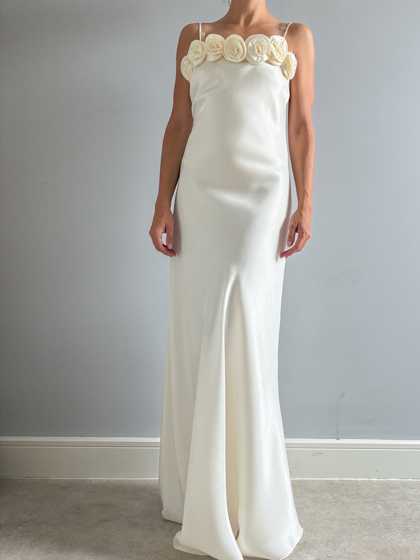 1990s Minimalist Satin Wedding Dress With Rose Detail