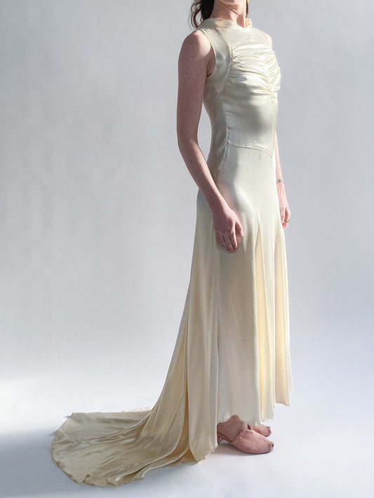1930s Vanilla Silk Ruched Wedding Gown with Button Back