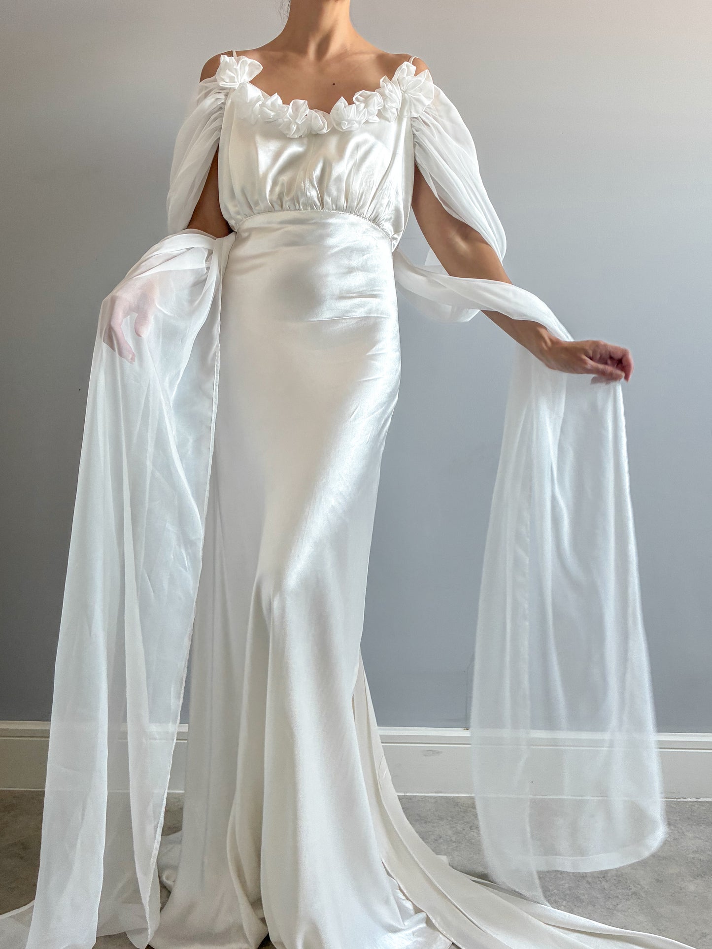 1930s Silk Wedding Gown With Chiffon Sleeves And Bow Detail