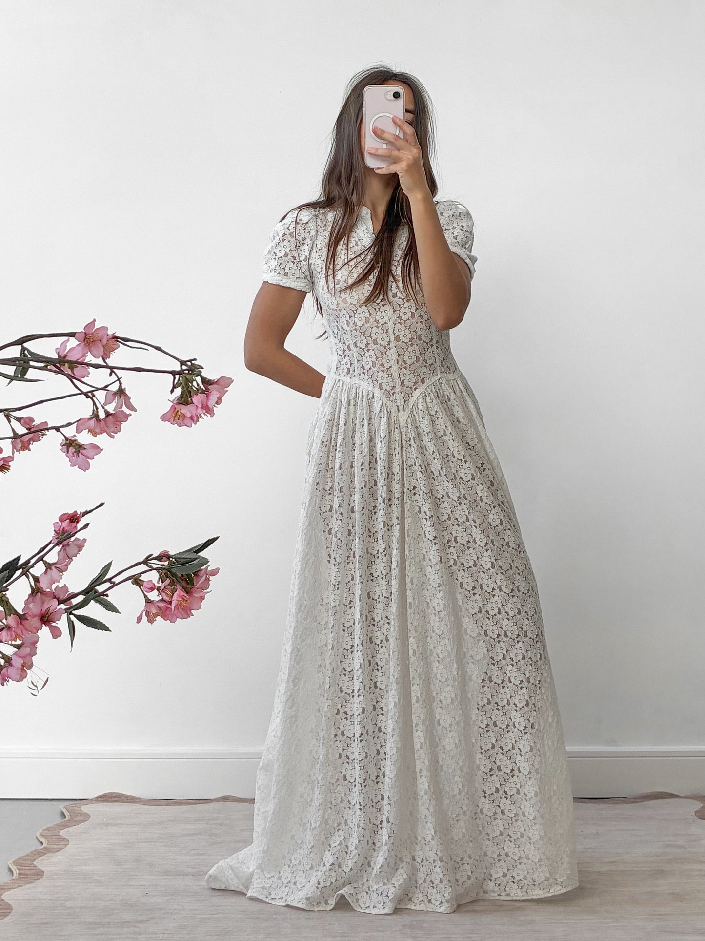 1930s Ivory Floral Lace Wedding Dress With Puff Sleeves And Sweep Train