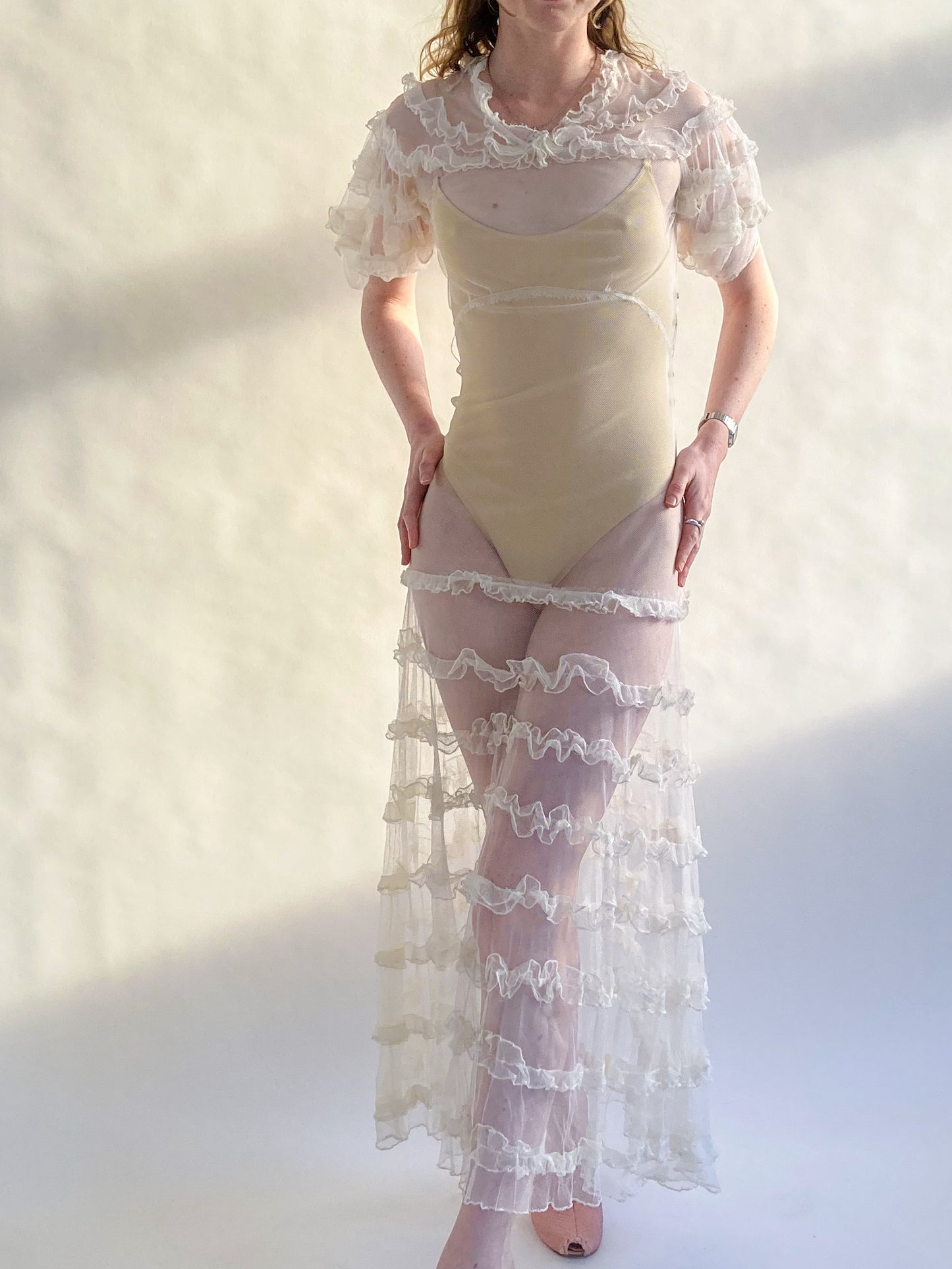 1930s Tiered Ruffle Net Dress With Puff Sleeves