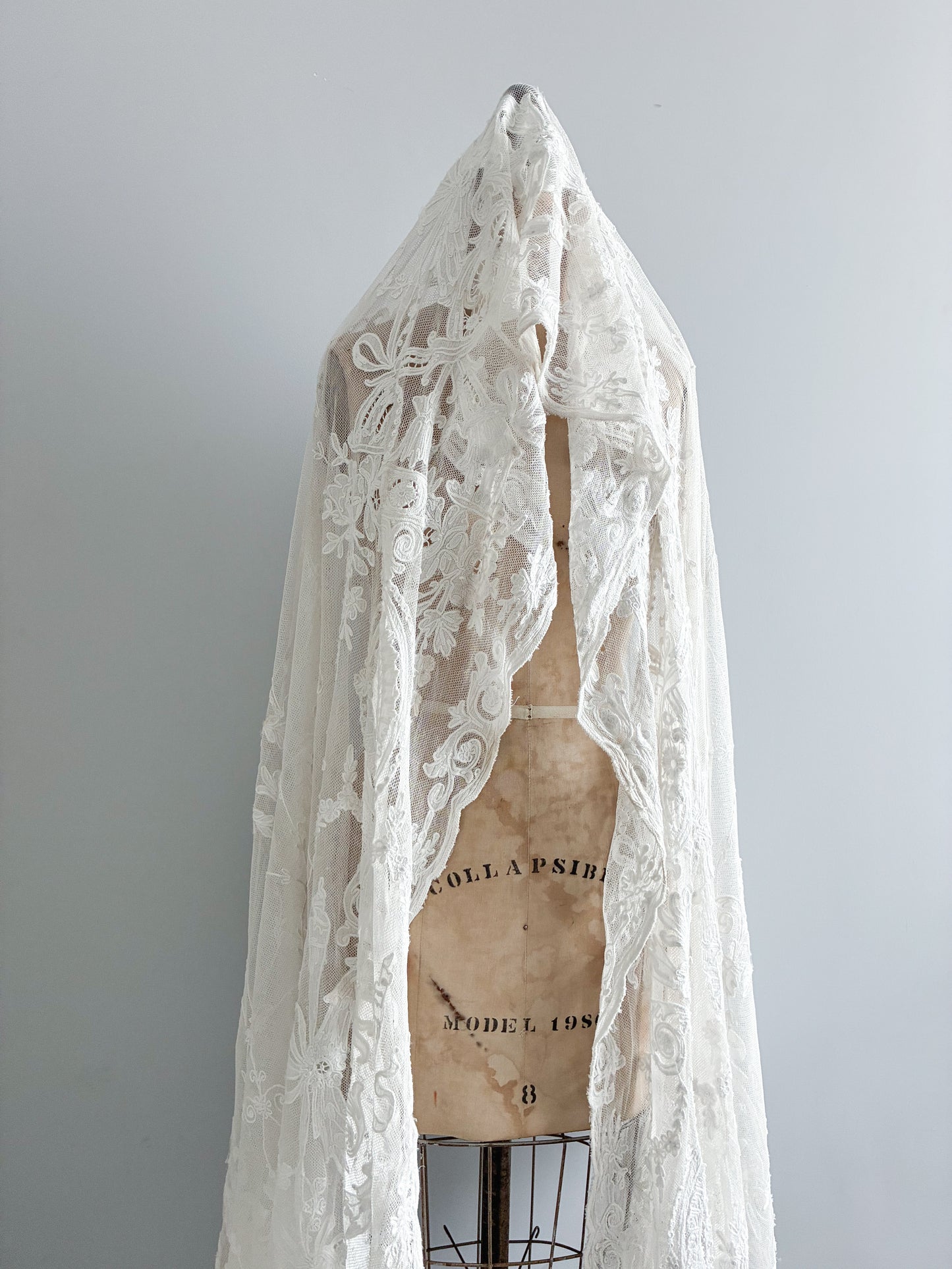 Antique French Heavy Cotton Tambour Tape Lace Veil