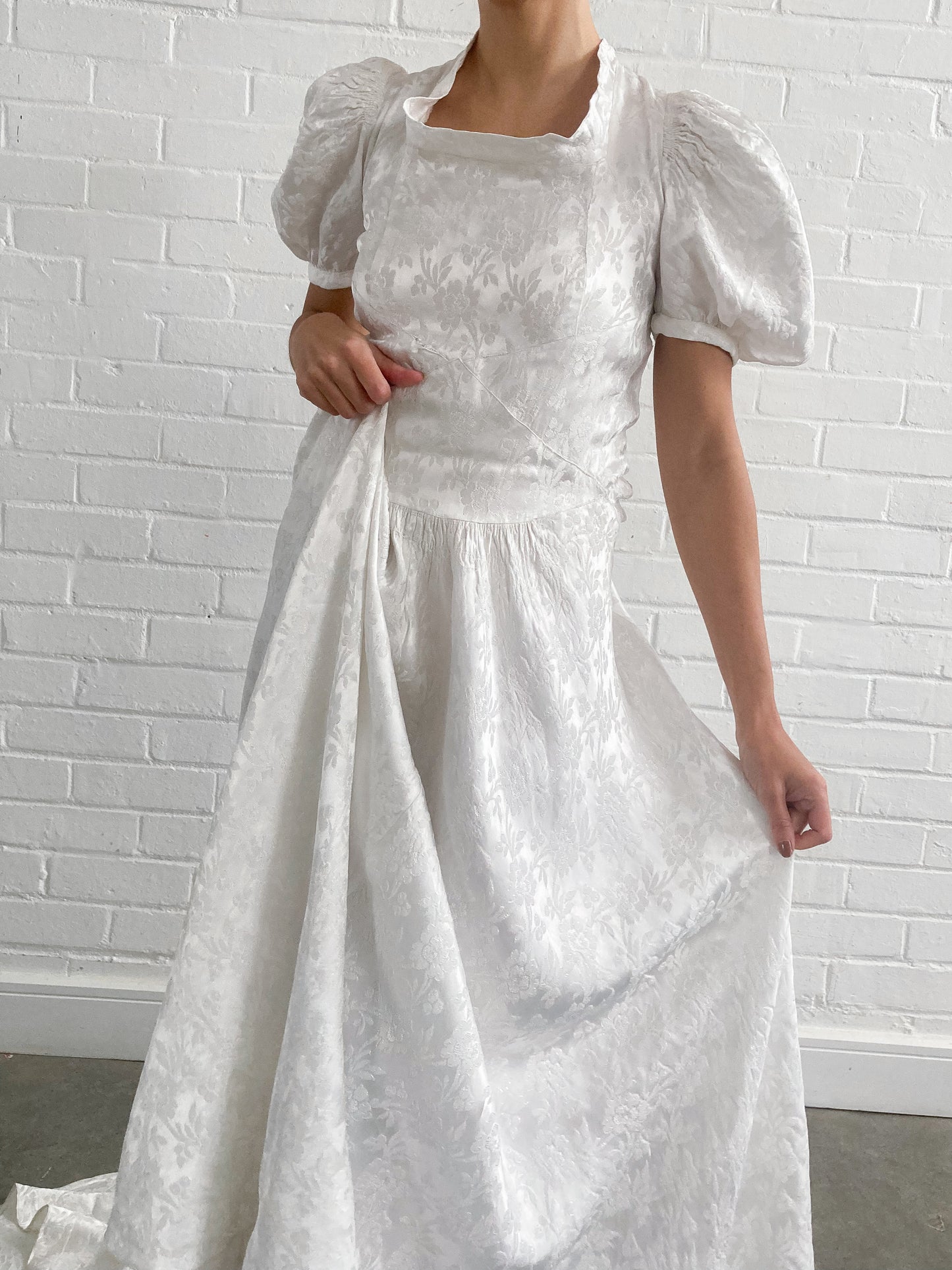 1930s Ivory Jacquard Wedding Gown With Puff Sleeves and Chapel Train