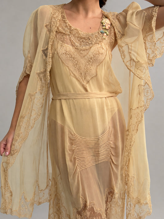 1920s Yellow Silk Chiffon Set With French Lace M L