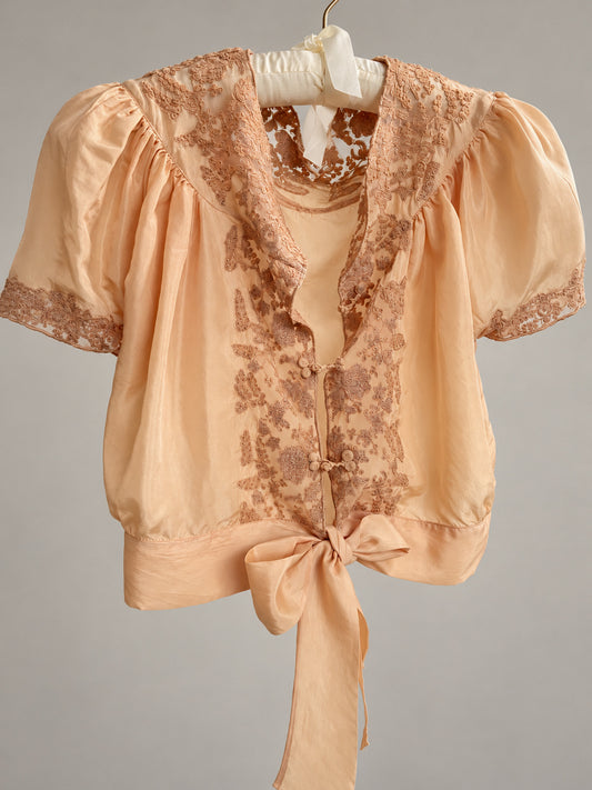 1990s Peach Silk Bed Jacket With French Lace One Size