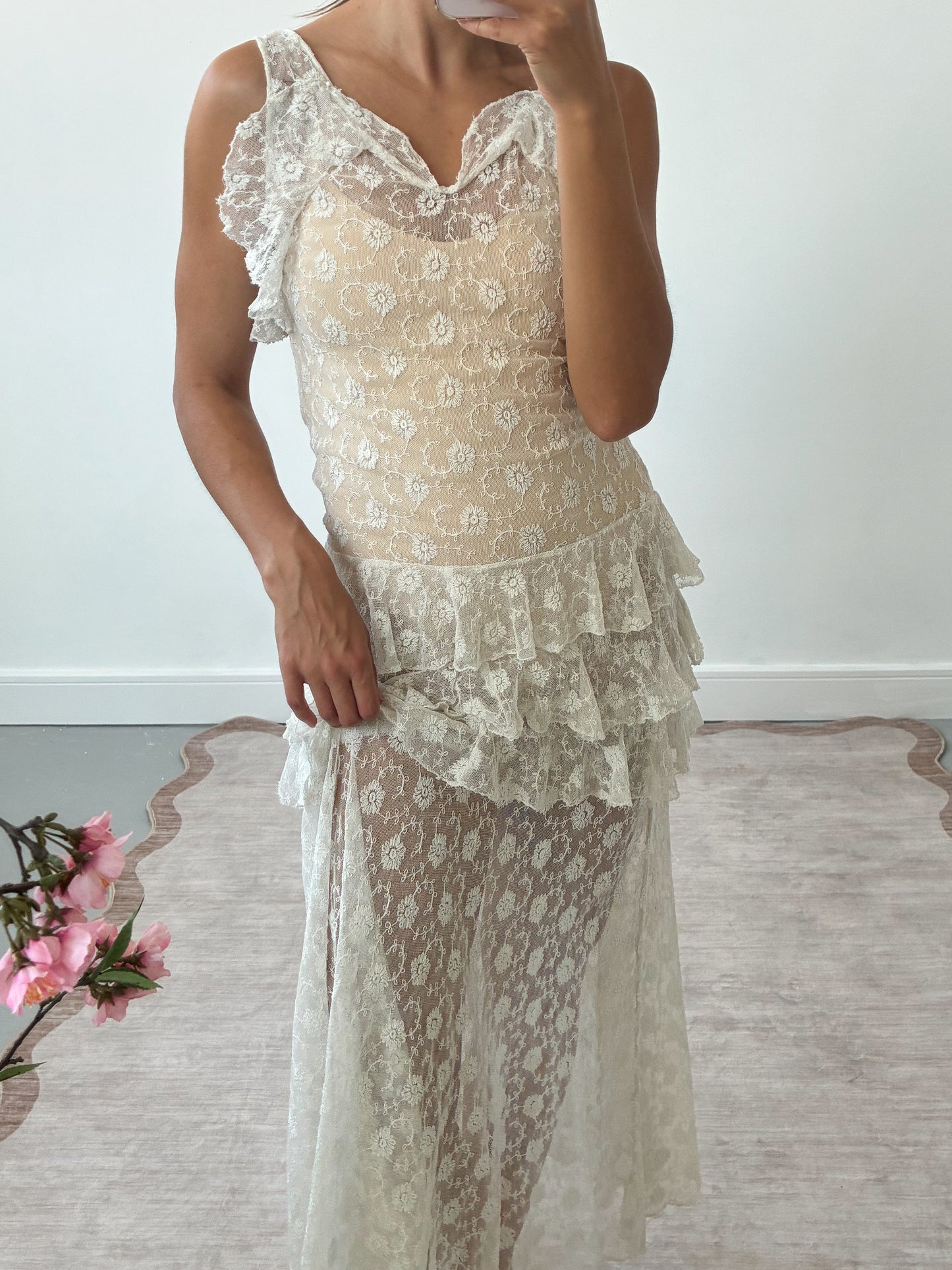 1930s French Floral Lace Dress With Ruffle Detail S