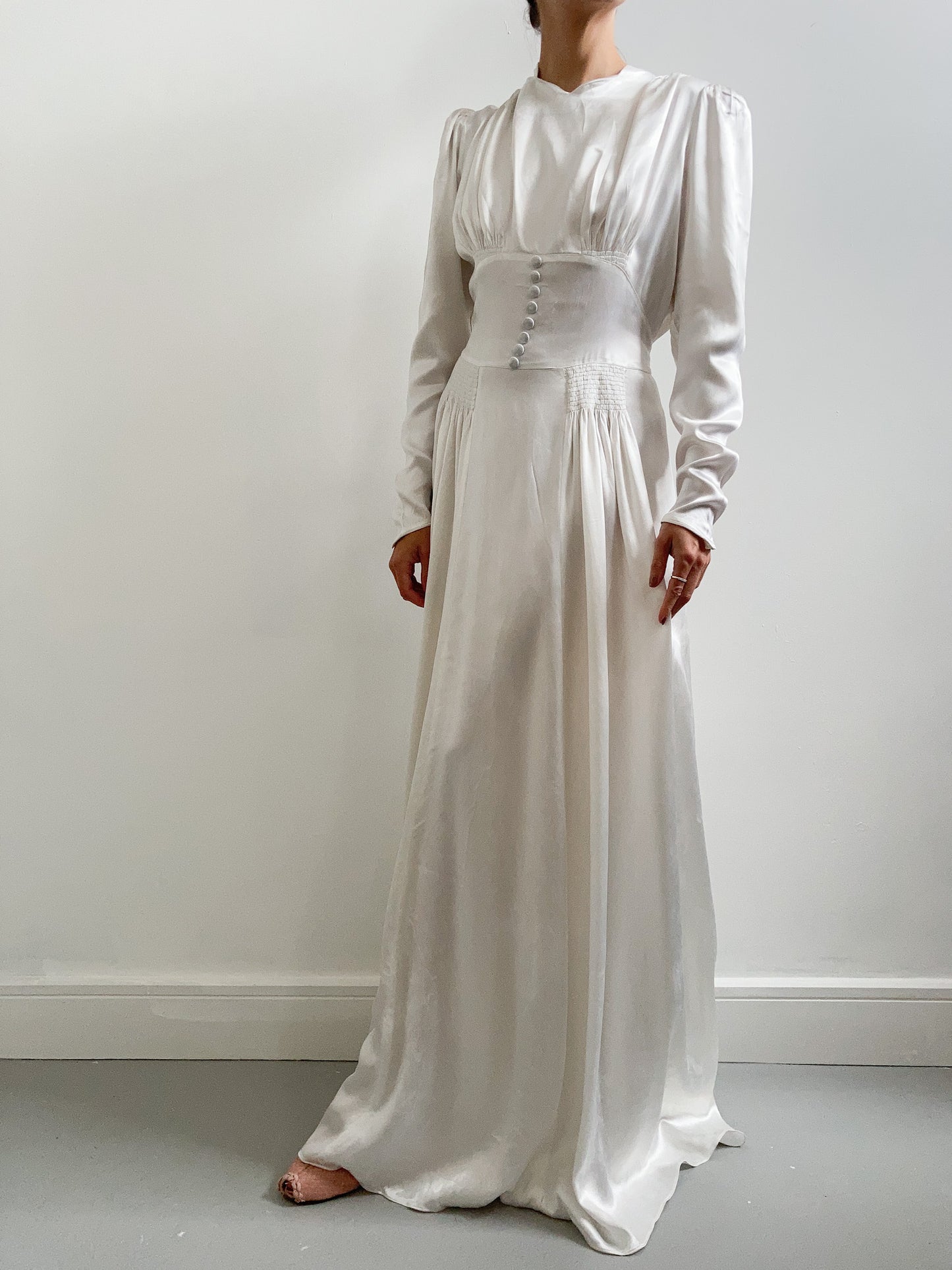 1940s Ivory Satin Wedding Dress with Buttons