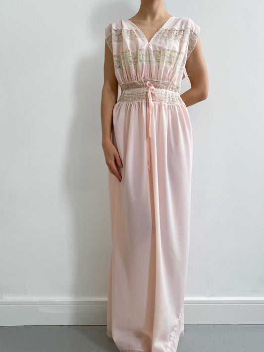 1940s Pink Gown with Tiered Floral Lace & Drawstring Waist Size M/L