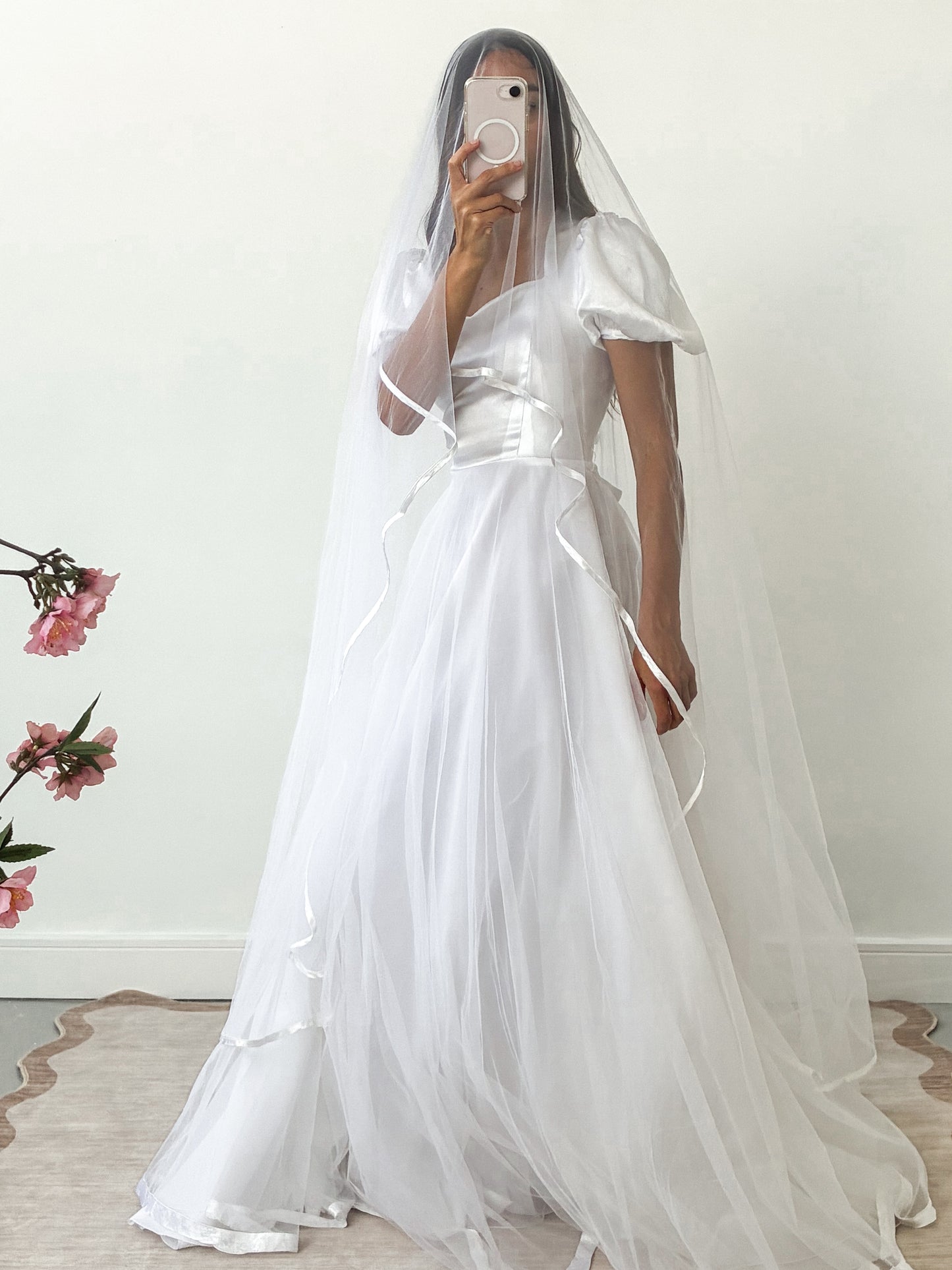 1983 Satin Puff Sleeve Gown With Chiffon Skirt And Scarf M