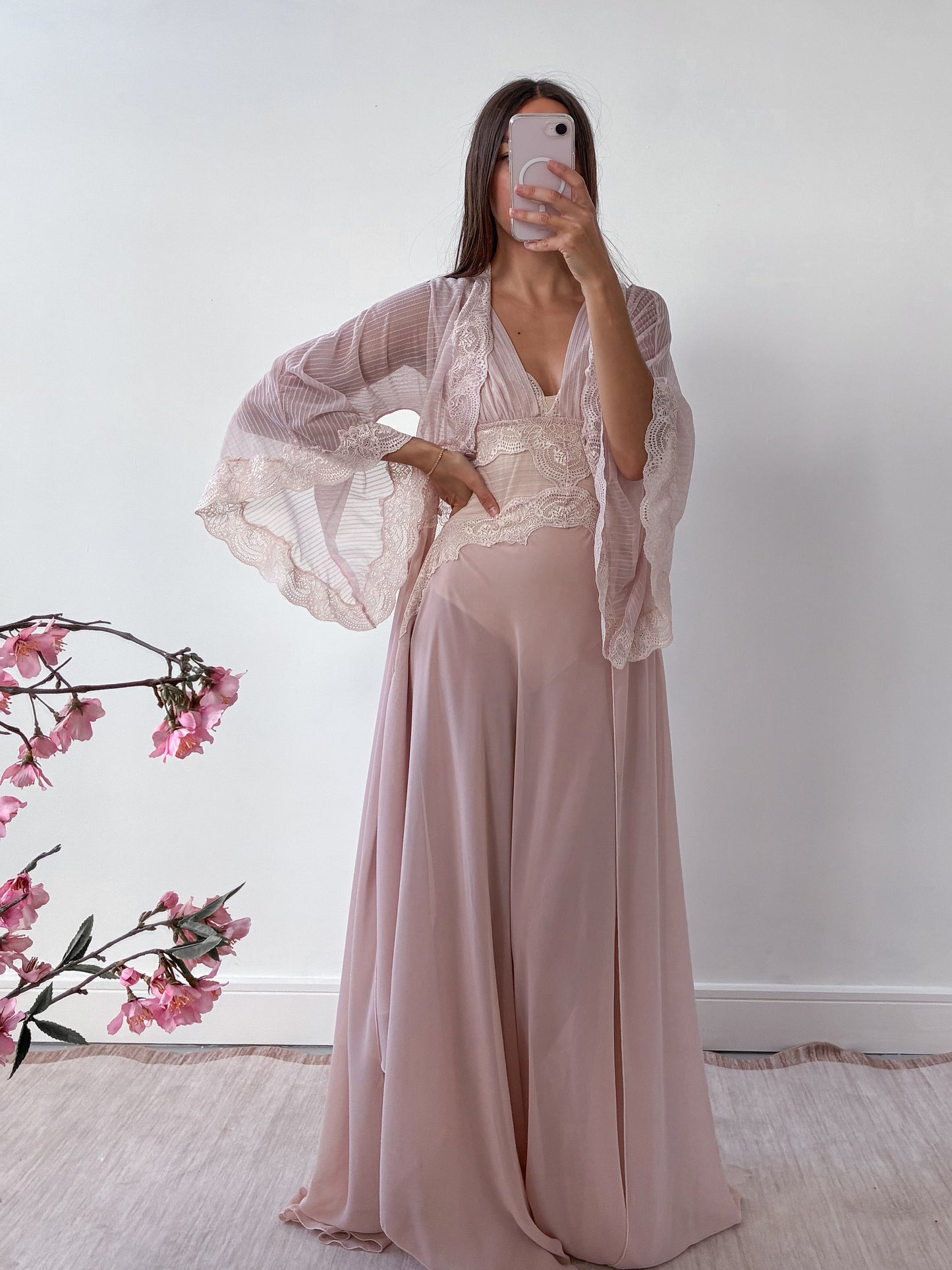 1970s Powder Pink Lingerie Set With Lace Trim