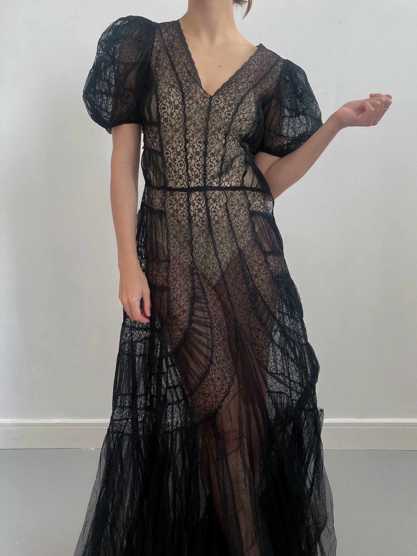 1930s Black Lace Puff Sleeve Dress