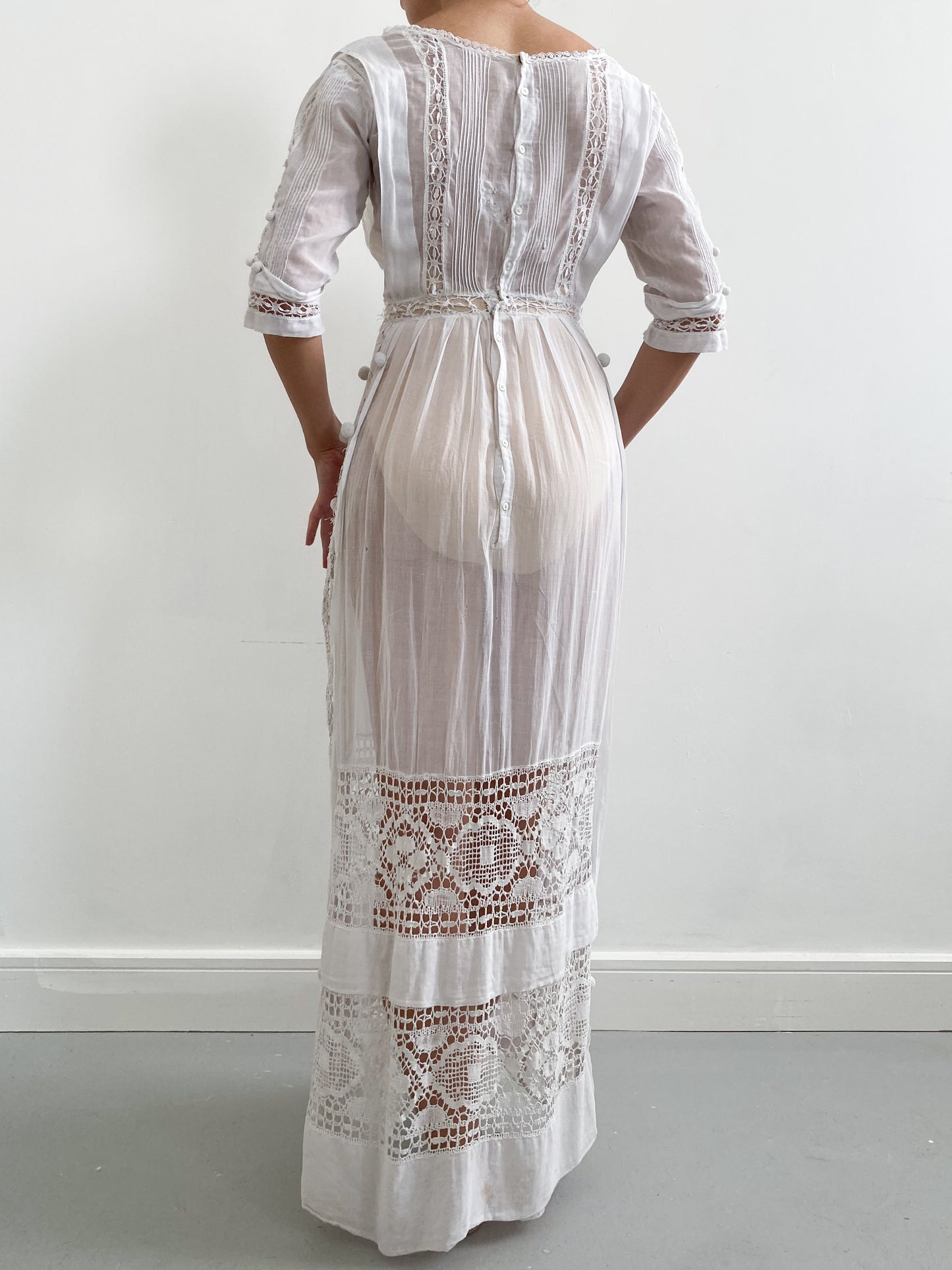 Edwardian Cotton Tiered Tea Wedding Gown with Raised Embroidery