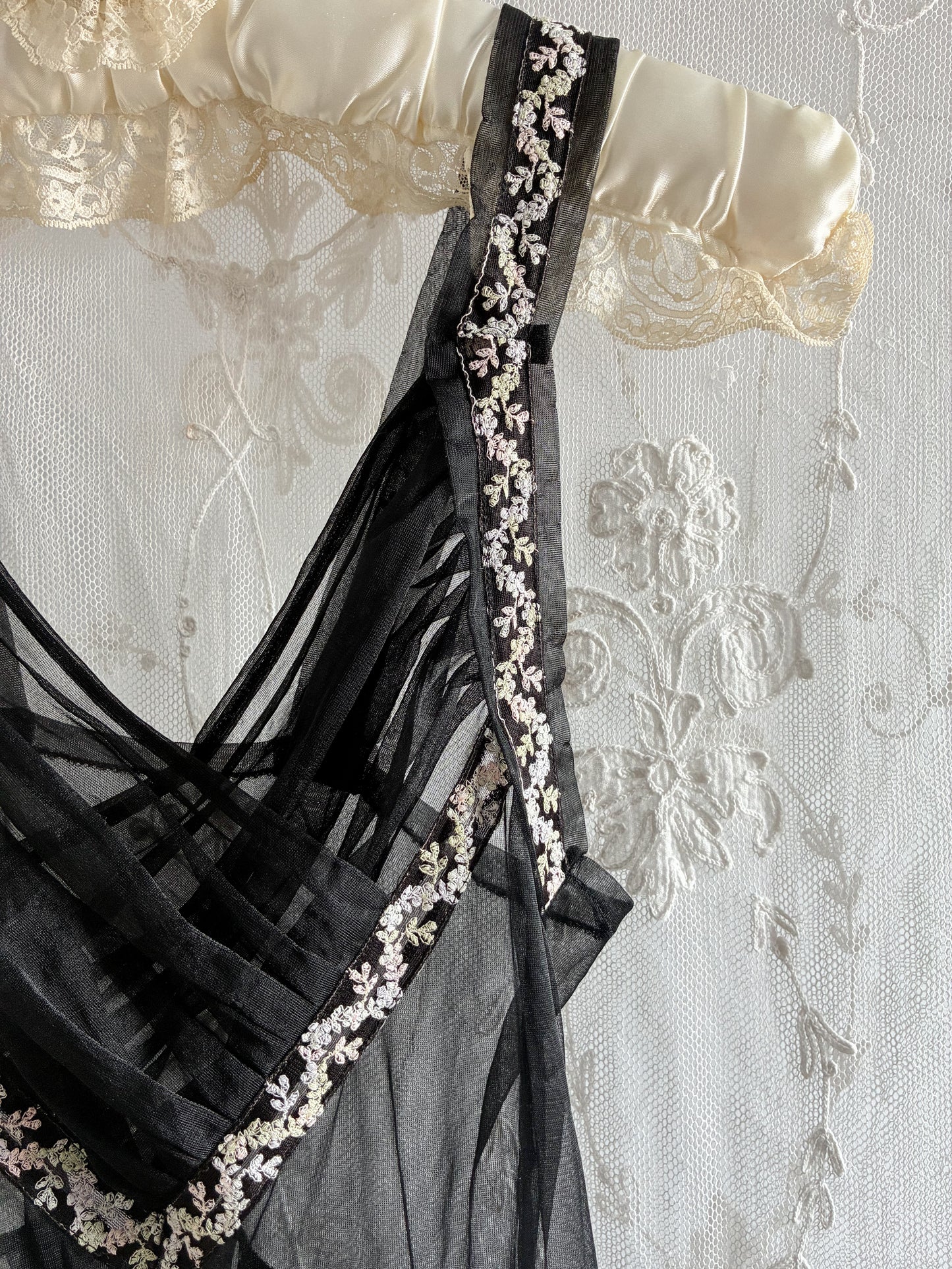 1950s Black Sheer Nightdress With Floral Embroidery
