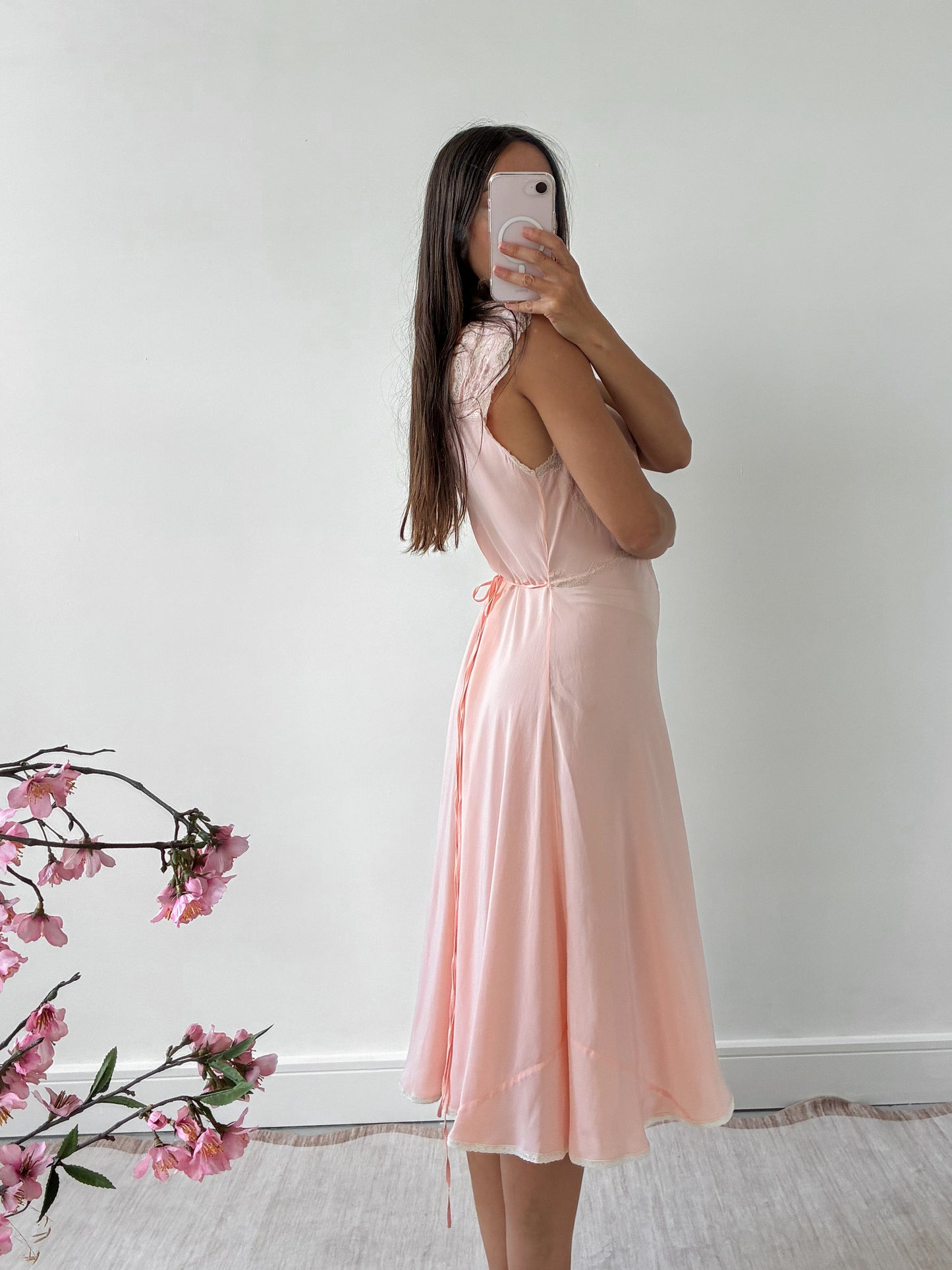 1930s Silk Midi Slip With Floral Lace M L