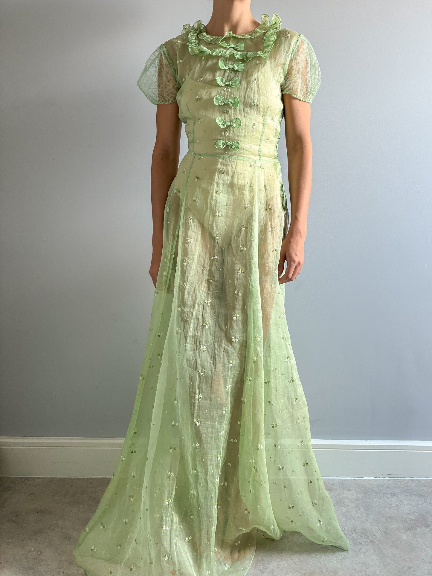 1930s Green Organza Dress With Bow Detail And Floral Embroidery