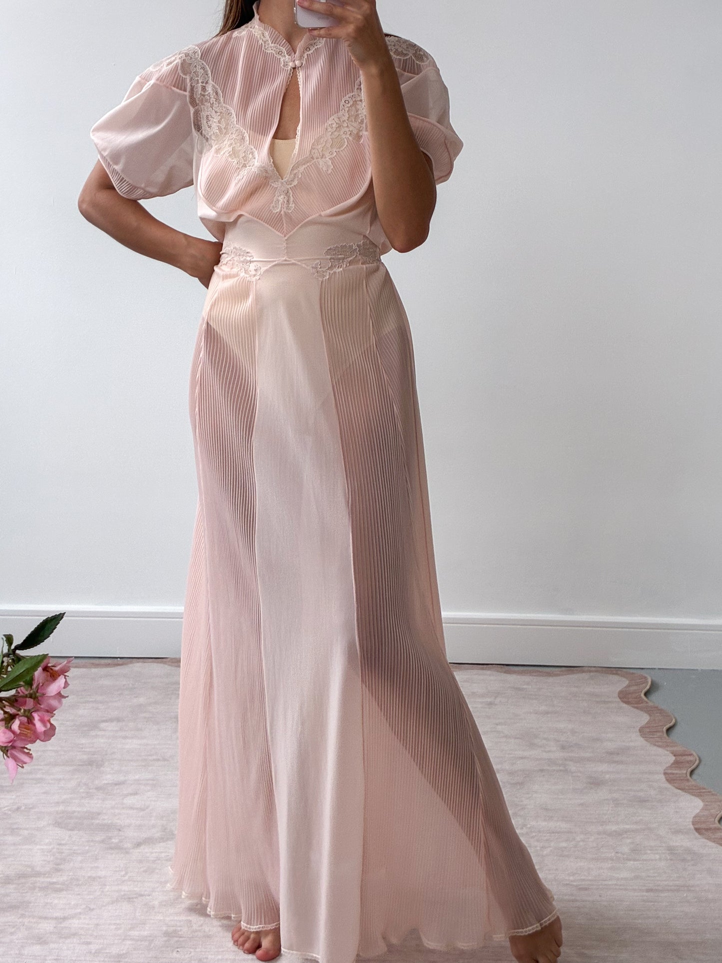 1970s Sheer Peach Nightgown With Lace Detail