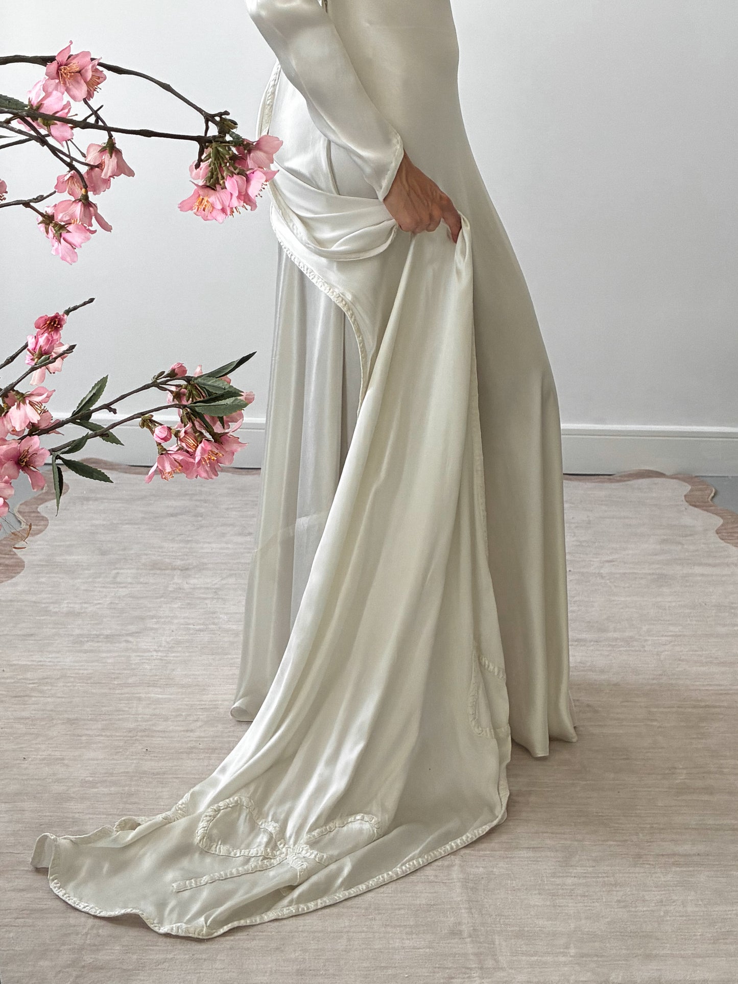 1940s Satin Dress With Wateau Train and Bow Detail