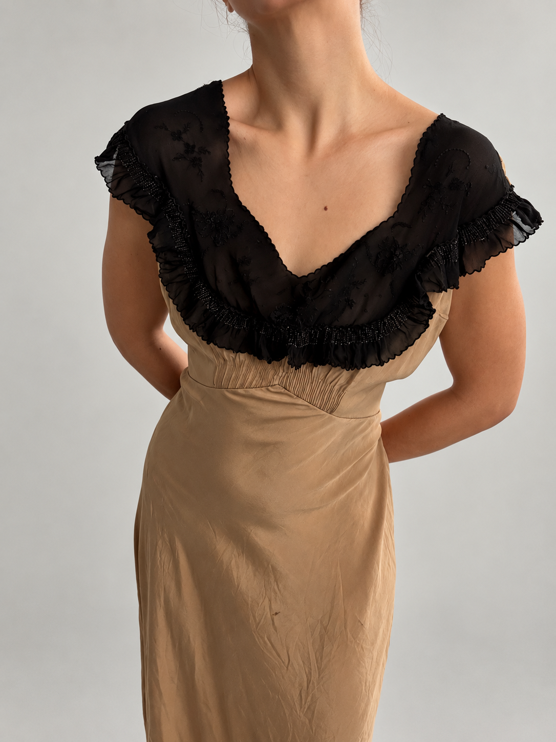 1930s Silk Nightgown With Chiffon Trim In Coffee M L