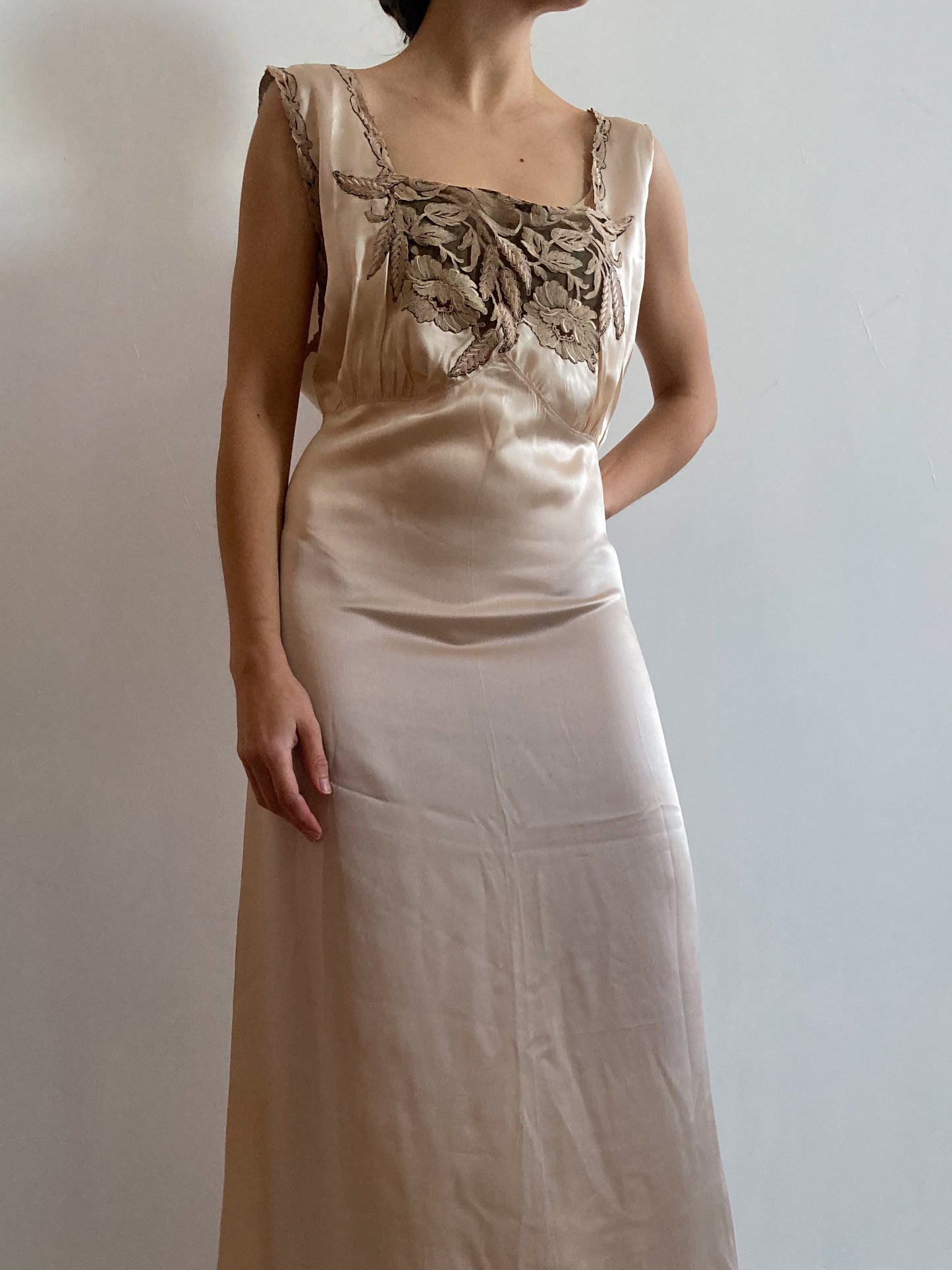 1930s Coffee Satin Slip Gown with Floral Lace