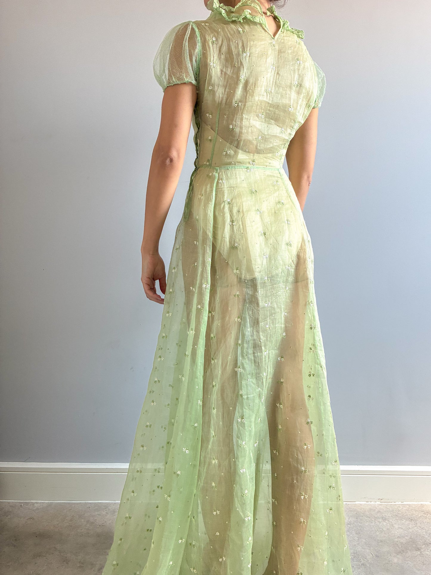 1930s Green Organza Dress With Bow Detail And Floral Embroidery