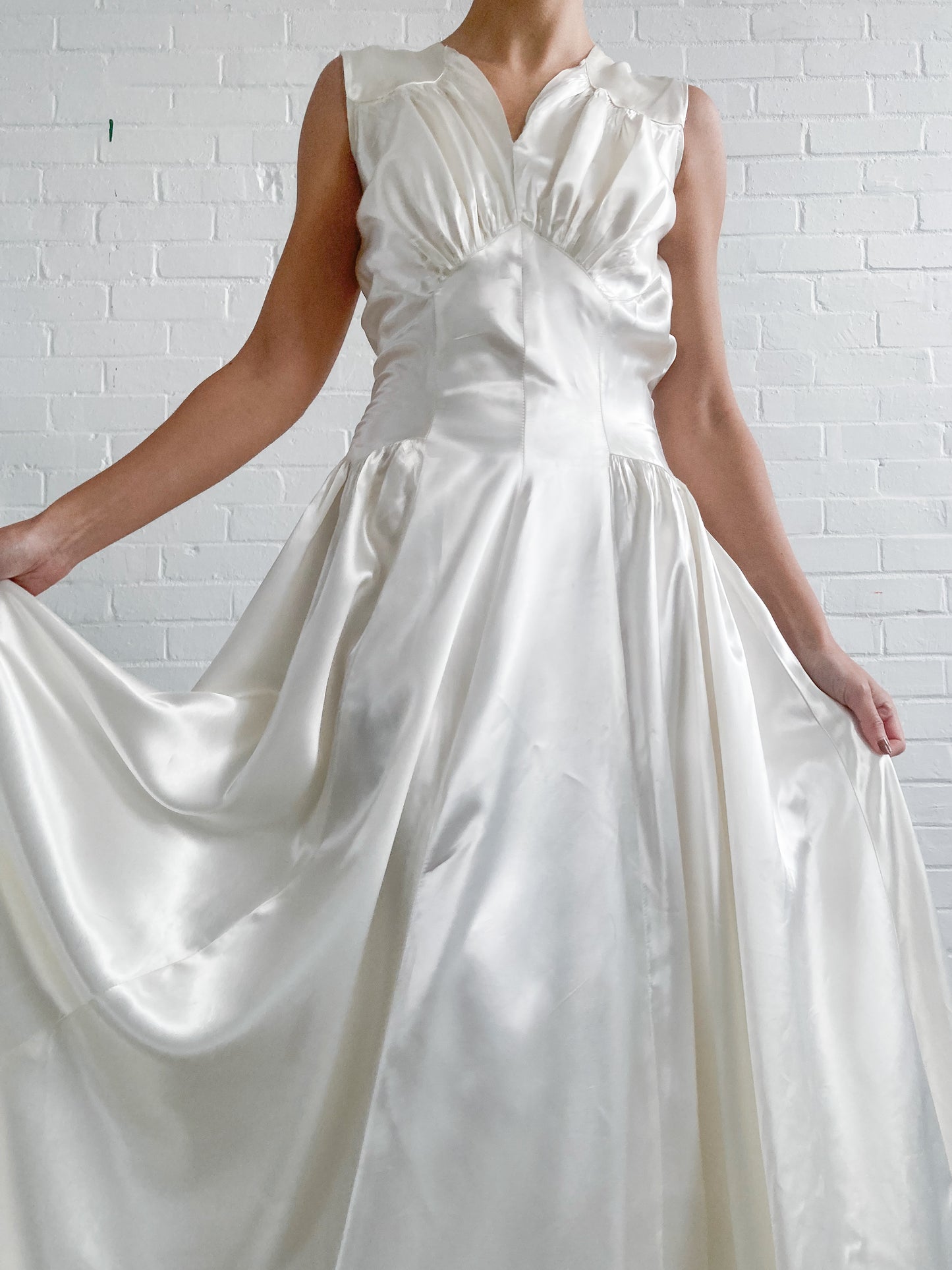 1940s Gathered Satin Wedding Gown with Chapel Train