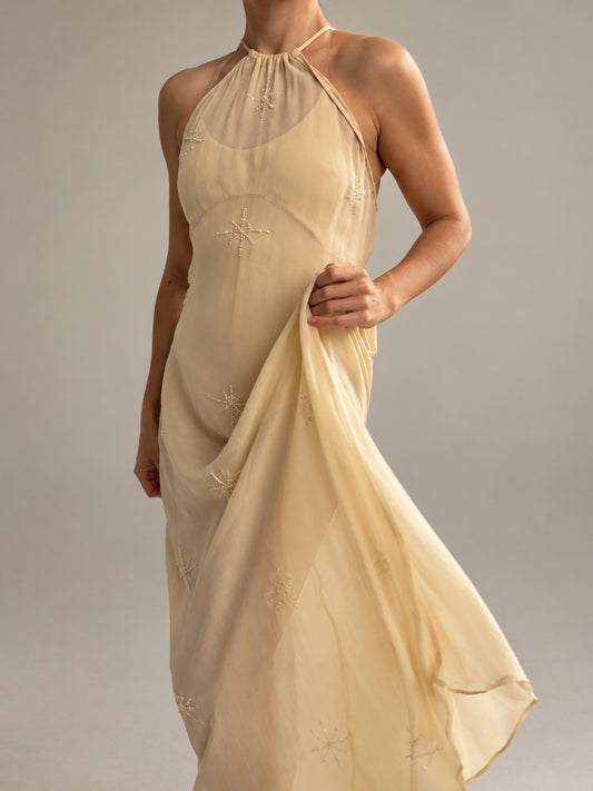 1990s Yellow Silk Chiffon Halterneck Slip Gown XS S M