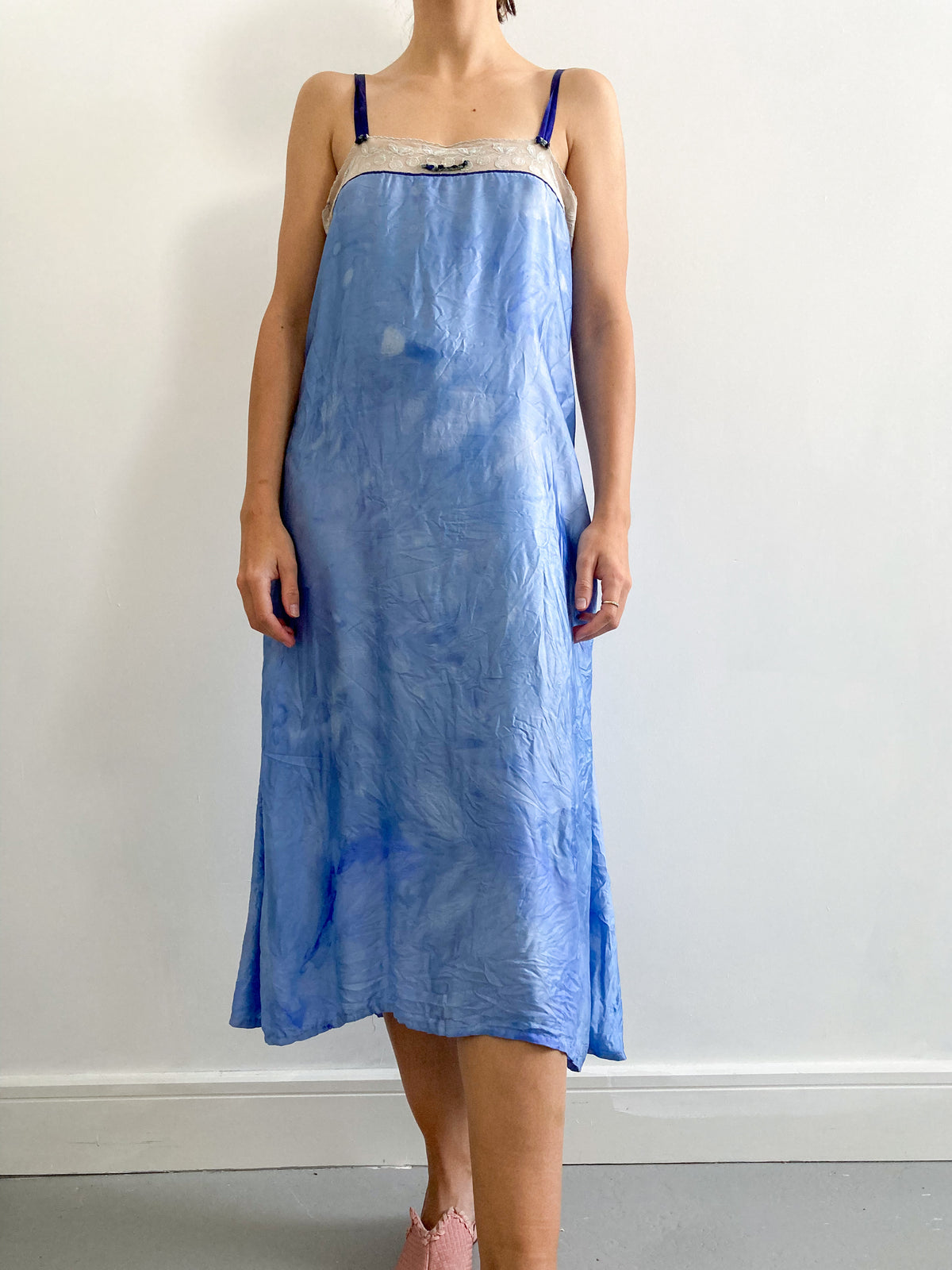 1920s Hand Dyed Satin Slip with Floral Lace in Midnight