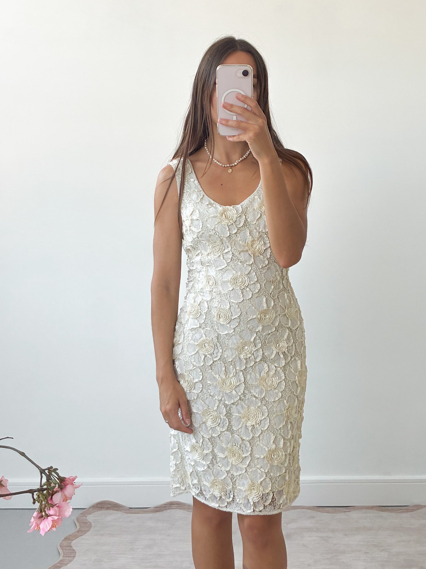 1980s Silk And Pearl Embroidered 3D Flower Mini Dress S M