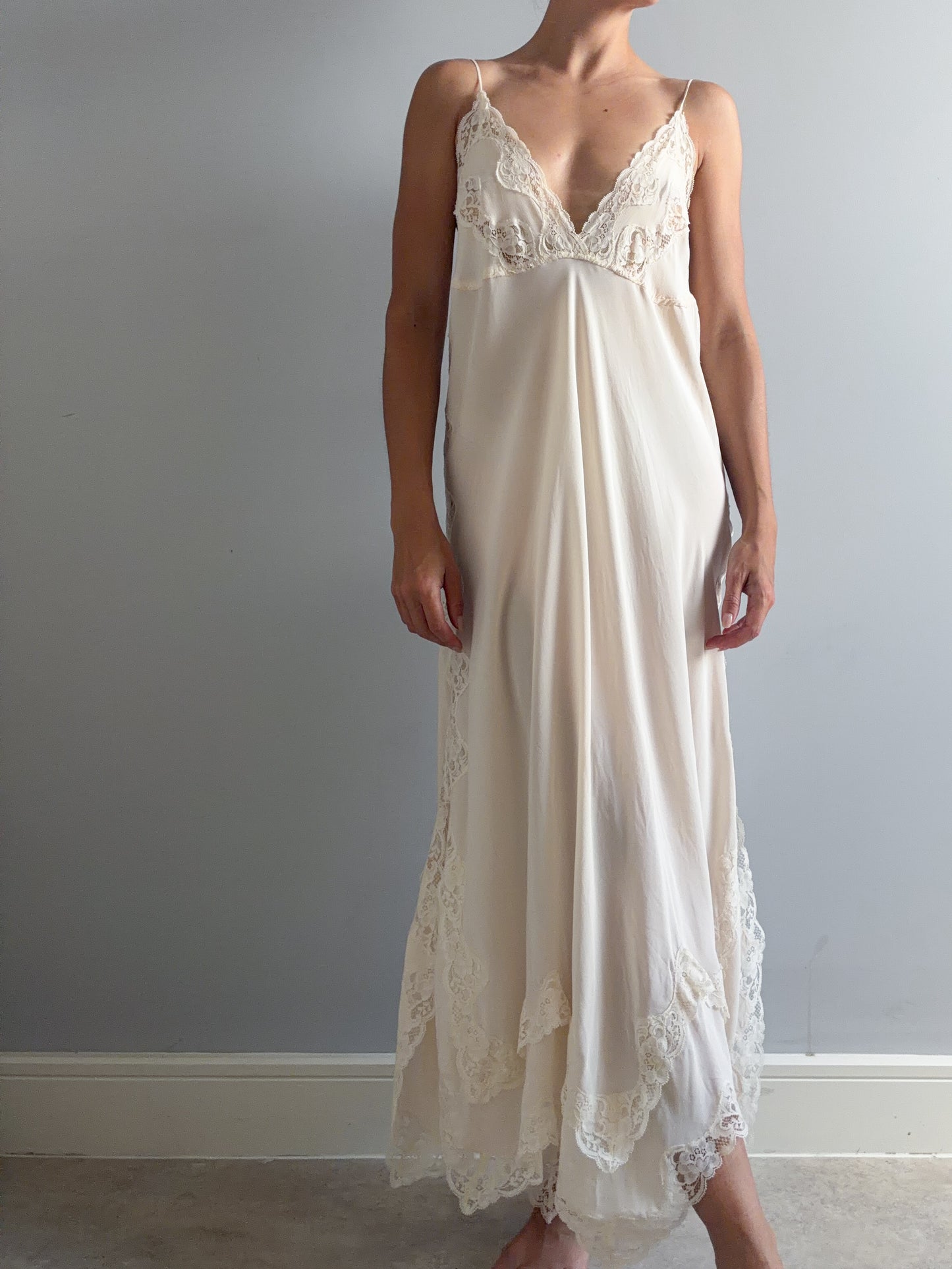 1970s Designer Pure Silk Nightgown With Lace Inserts