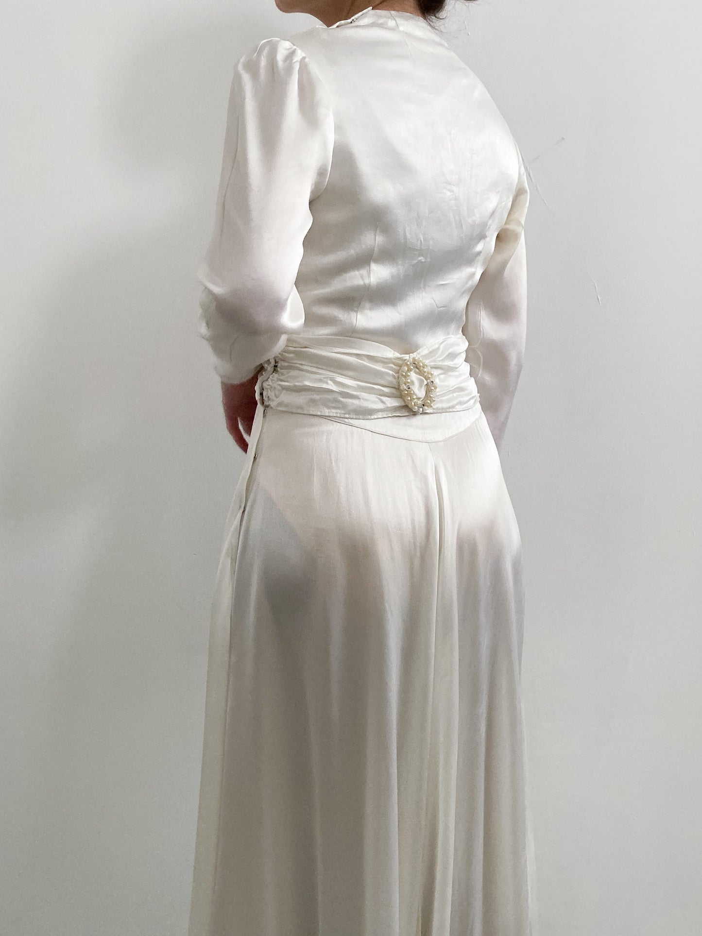 1940s Satin Wedding Dress with Pearl Details