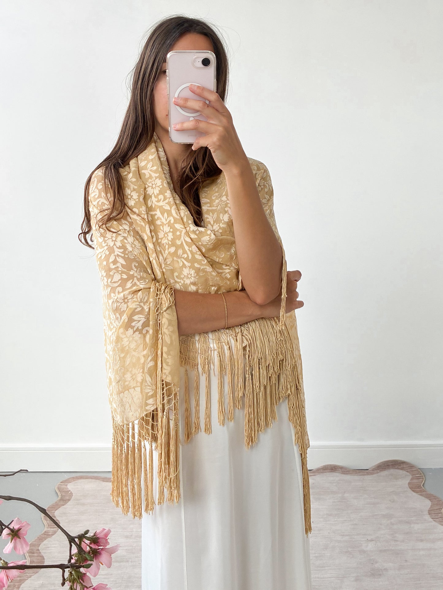 Vintage Cream Jacquard Floral Fringed Shawl