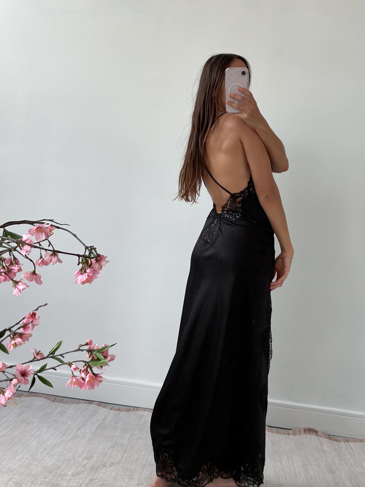 1970s Black Satin Slip With Lace And Side Opening S