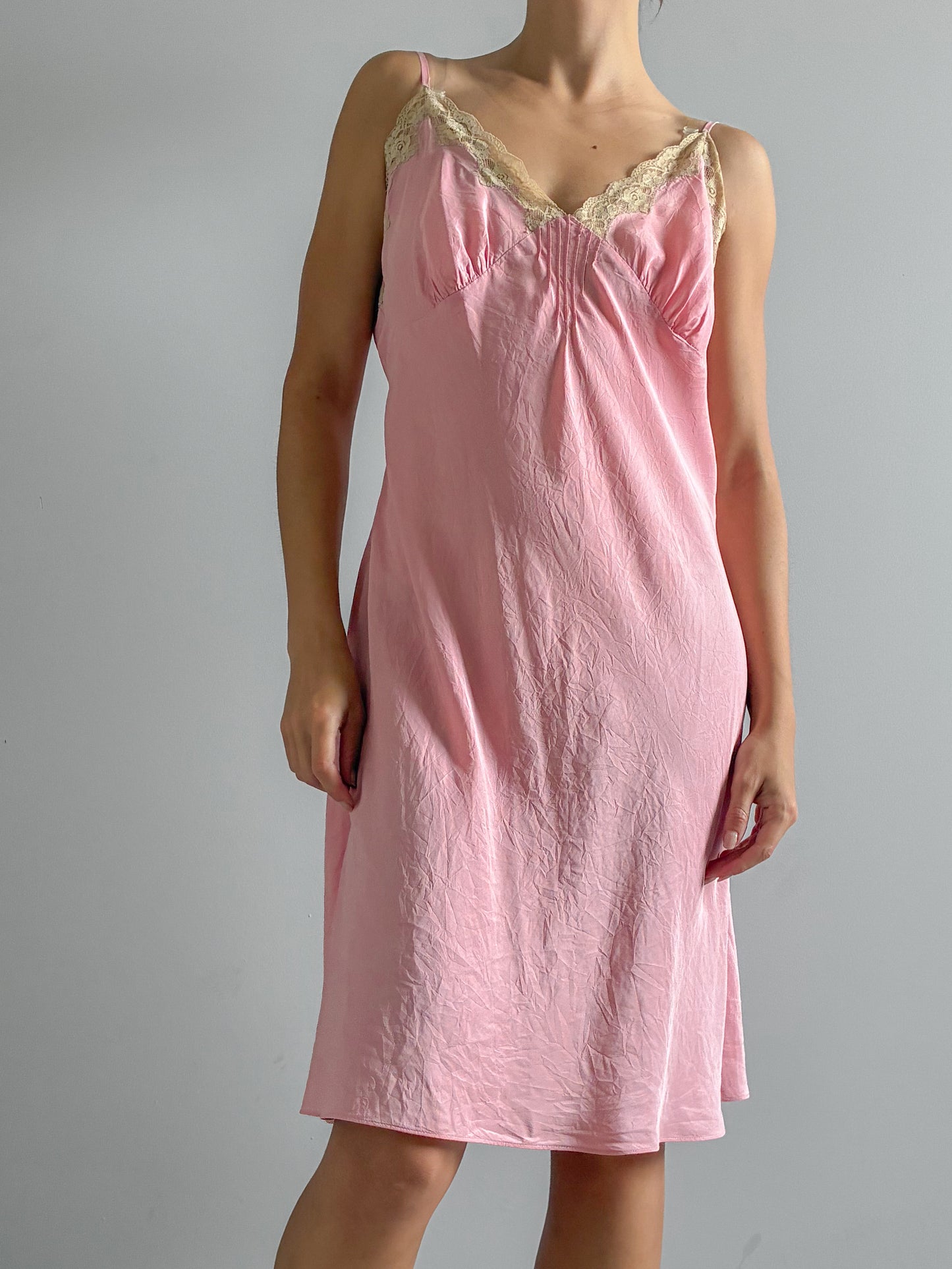 1990s Silk Mini Slip With Cream Lace In Dusty Pink