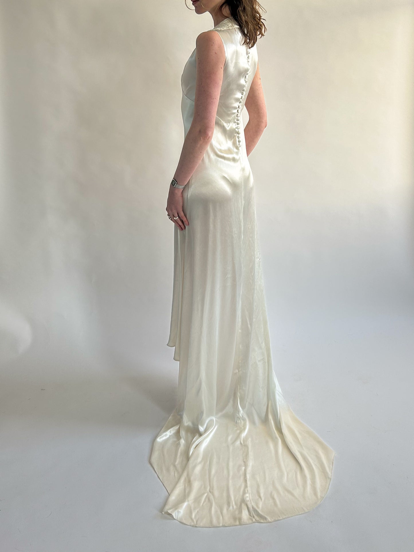 1930s Ivory Satin Sleeveless Wedding Dress with Gathered Neck & Train