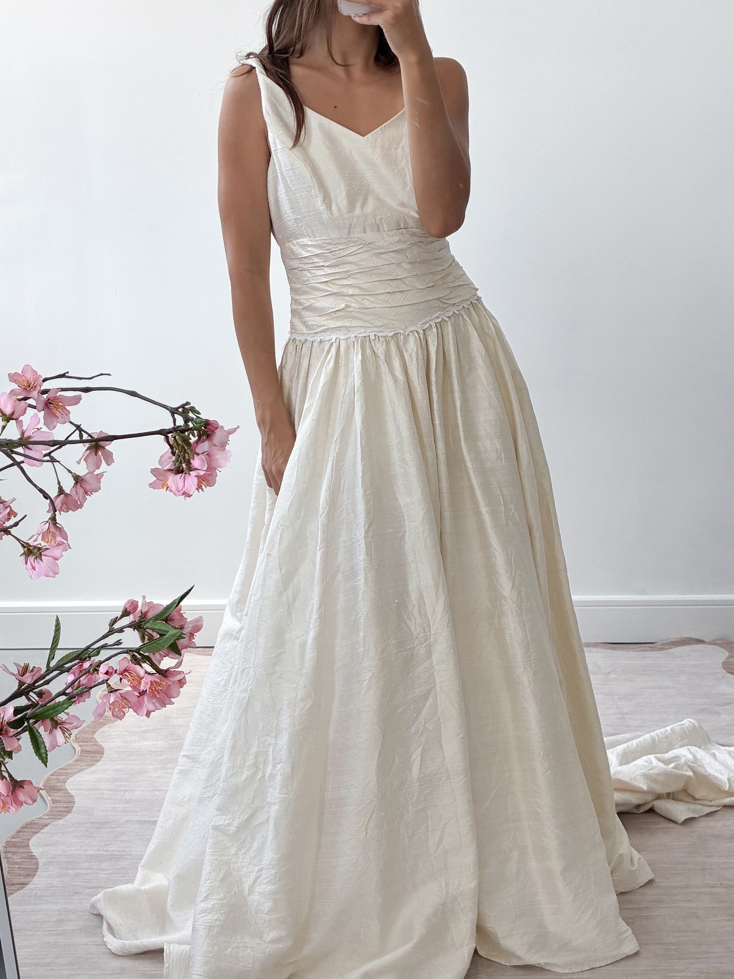 1980s Raw Silk Princess Dress With Wrap Bodice And Full Train