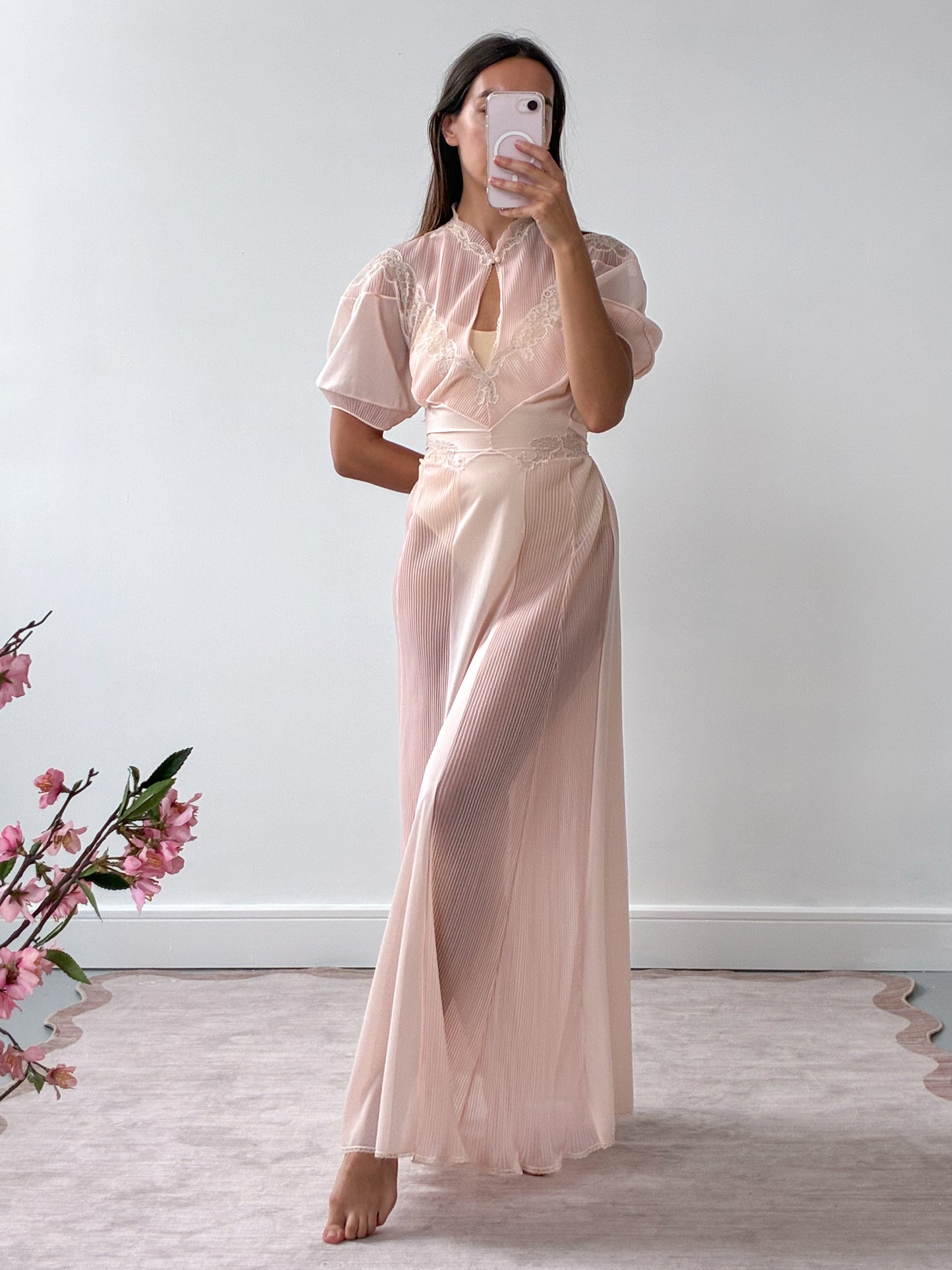 1970s Sheer Peach Nightgown With Lace Detail